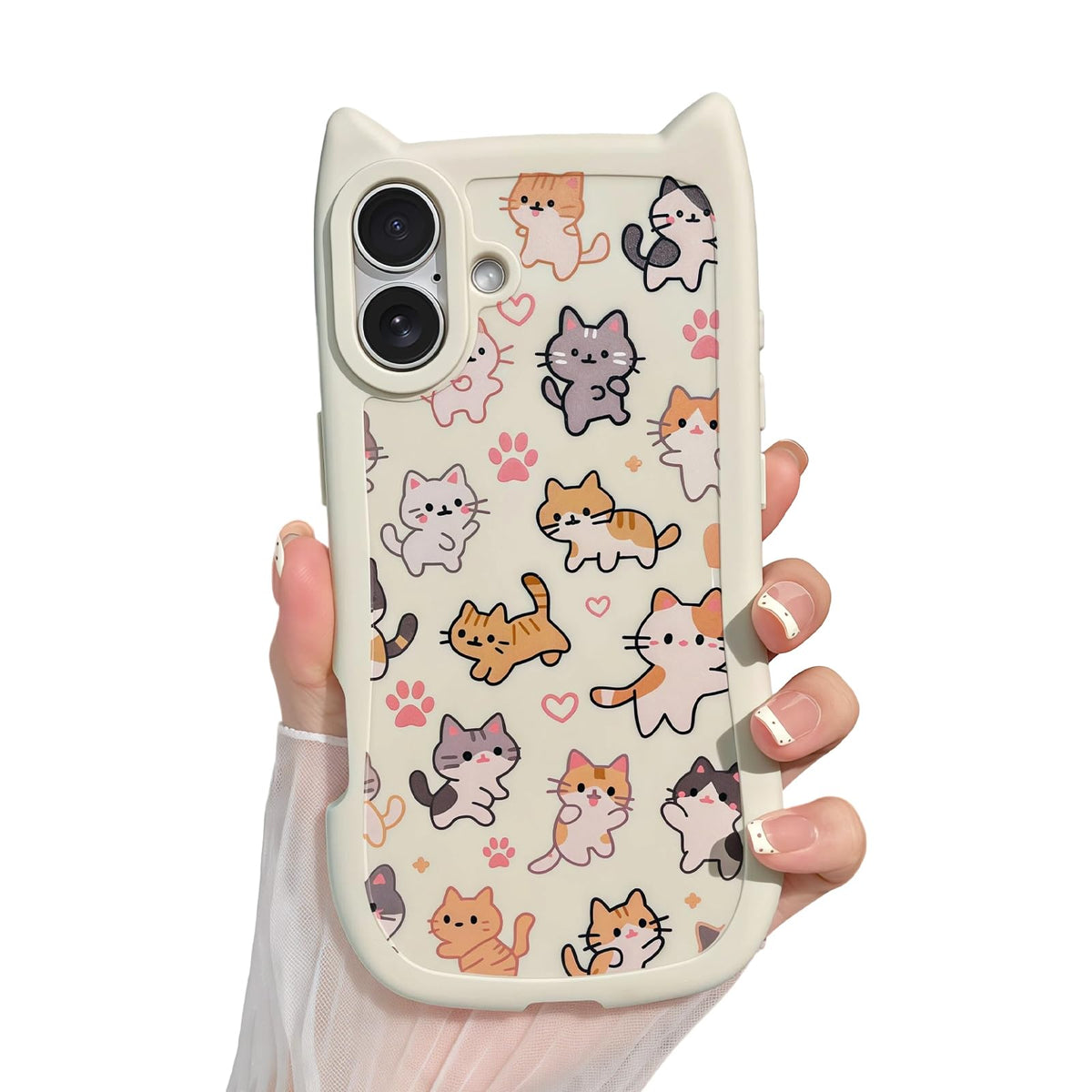for iPhone 13 Phone Case, Cute 3D Cat Ears and Vintage Hand-Drawn Multi-Cats Heart Cartoon Pattern, with Cat Paw Buttons, Trendy Shockproof Soft Protective Phone Cover, Cat Ears