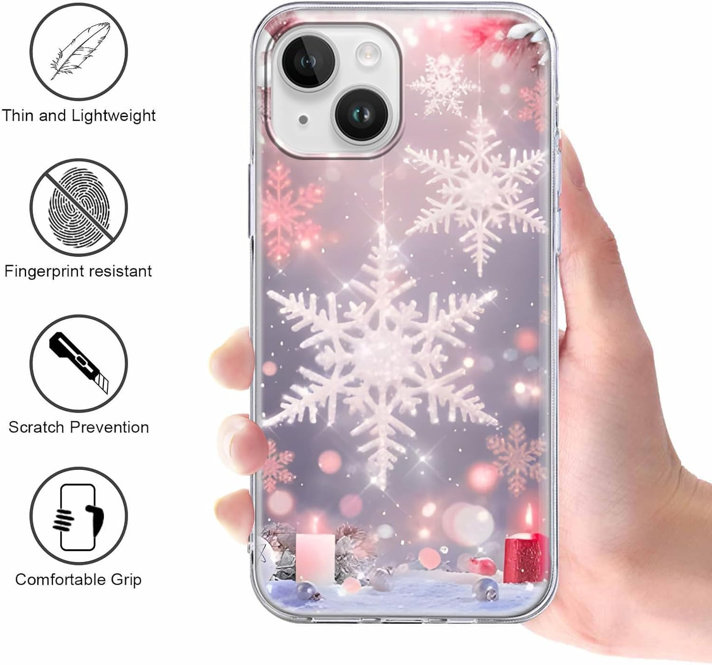 Christmas 2 Pack for iPhone 14/13 Phone Cases, Cute Case with Snowflake Printed Pink Blue Pattern Clear Soft Aesthetic Design Funda Flexible Ultra-Thin Girly Protective Women Cover
