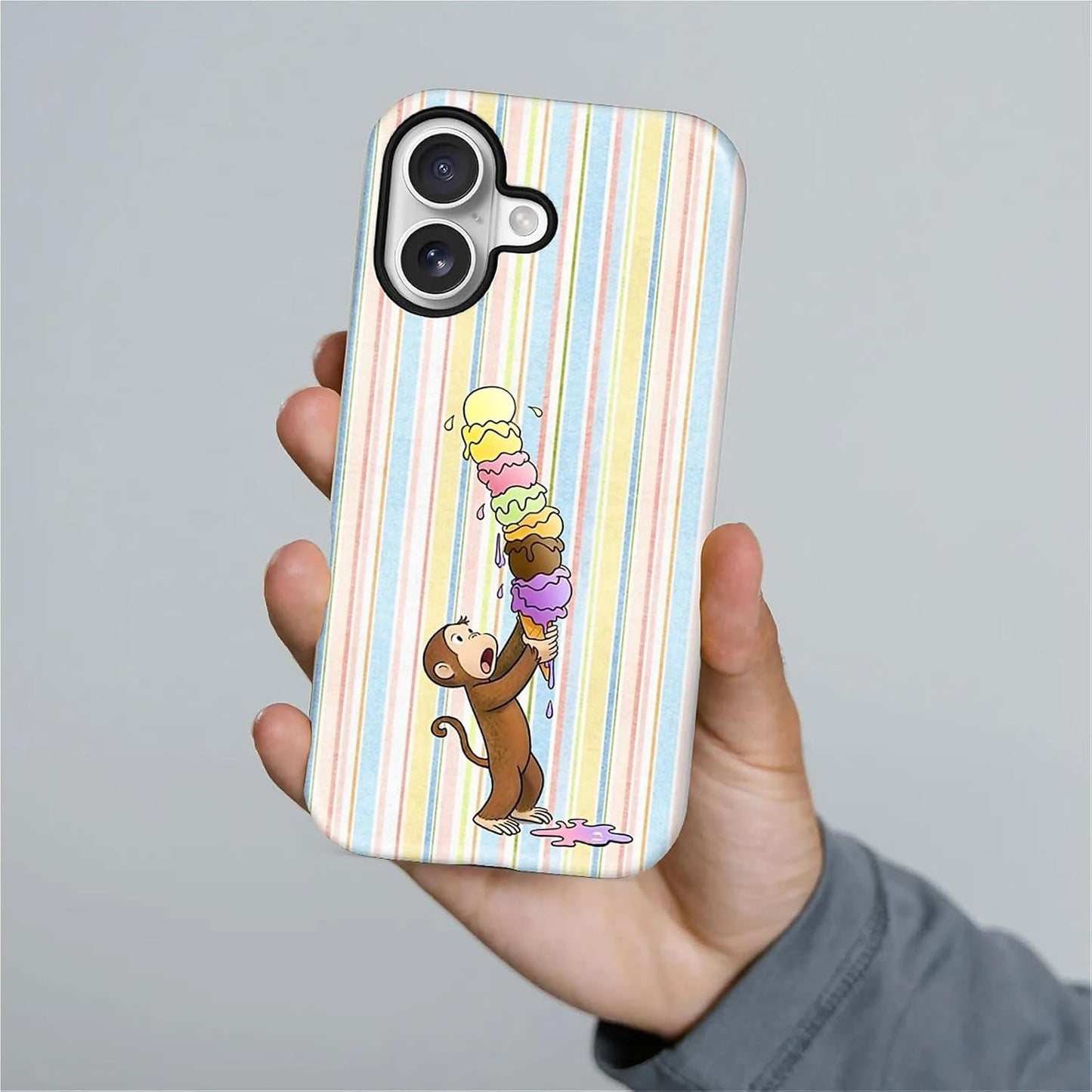 Case Compatible with iPhone 17, Girl Hybrid 2-Layer Hard Shell + Silicone Protective Case -Scratch-Resistant Shockproof - Colorful Stripes A Monkey Eating Ice Cream