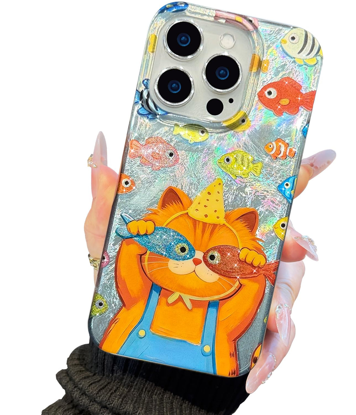 Compatible with iPhone 17 Pro Case,with [Soft Slim][Camera Protection] Cute Fishing Cats Shiny Aesthetic Phone Cover Anti-Yellowing Shockproof Protective Cover for Women Girl