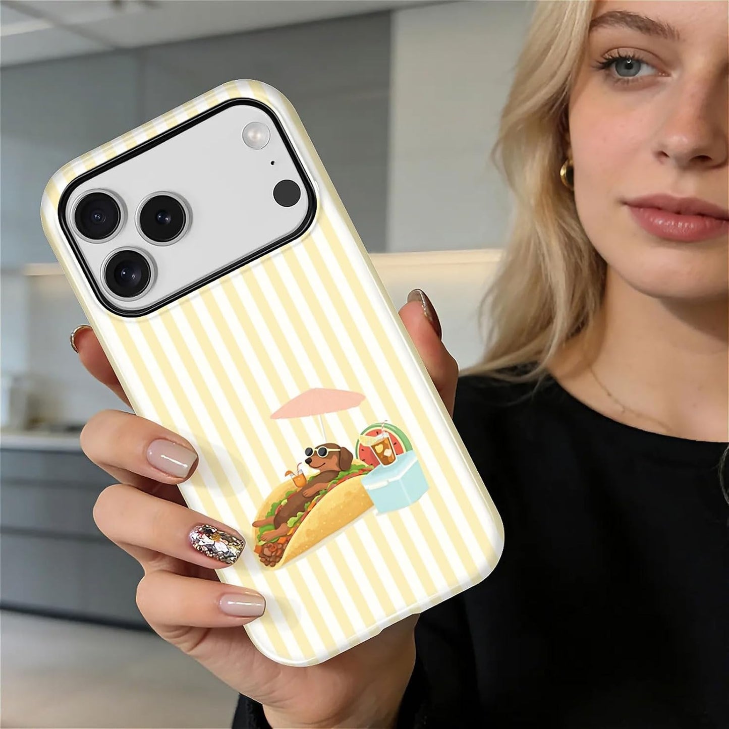 Case Compatible with iPhone 17 Pro,Double Layer Protection, Matte Finish, Anti-Drop and Anti-Fingerprint Armor -Yellow Striped Taco Vacation Sausage Dog Collage