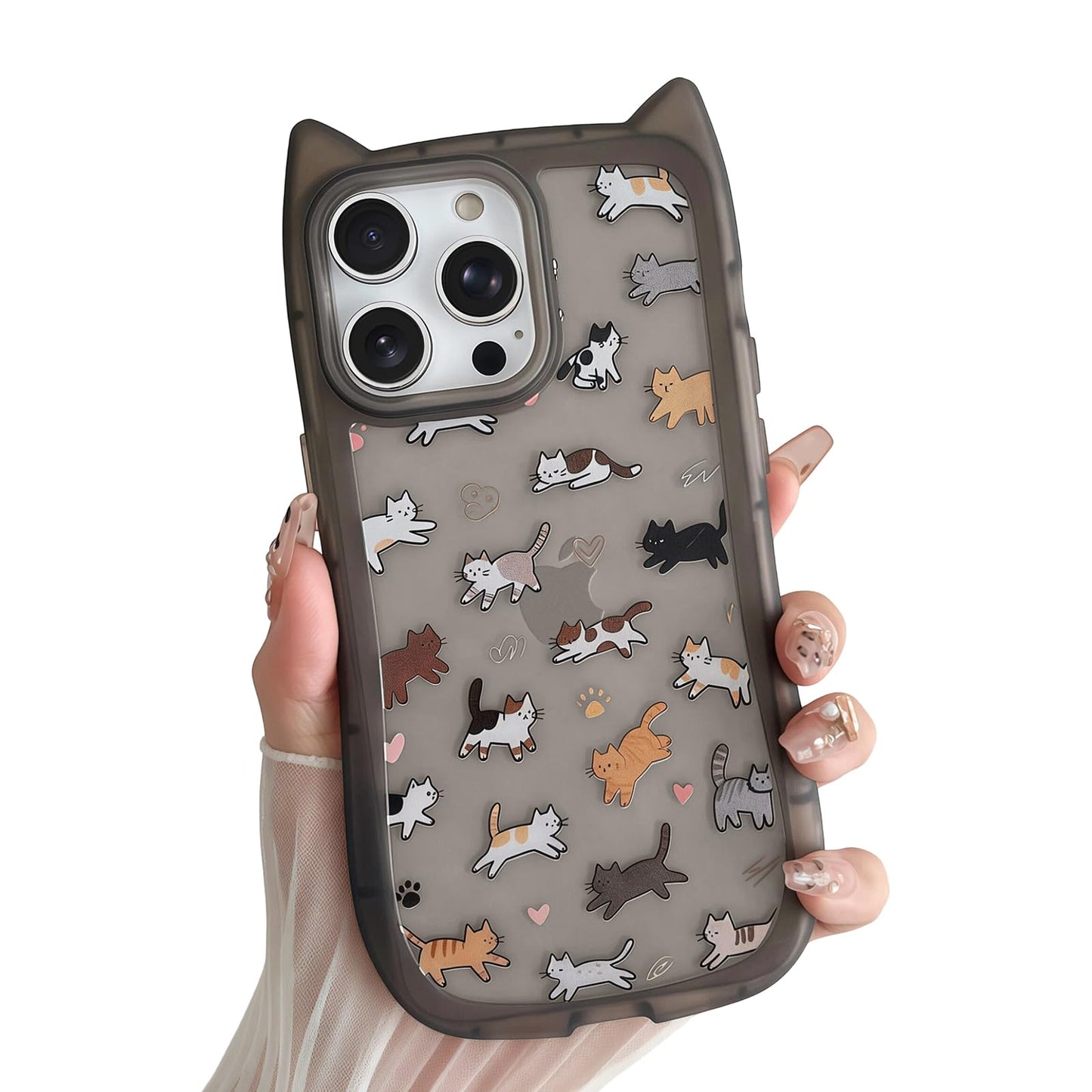 for iPhone 13 Phone Case, Cute 3D Cat Ears and Vintage Hand-Drawn Multi-Cats Heart Cartoon Pattern, with Cat Paw Buttons, Trendy Shockproof Soft Protective Phone Cover, Cat Ears