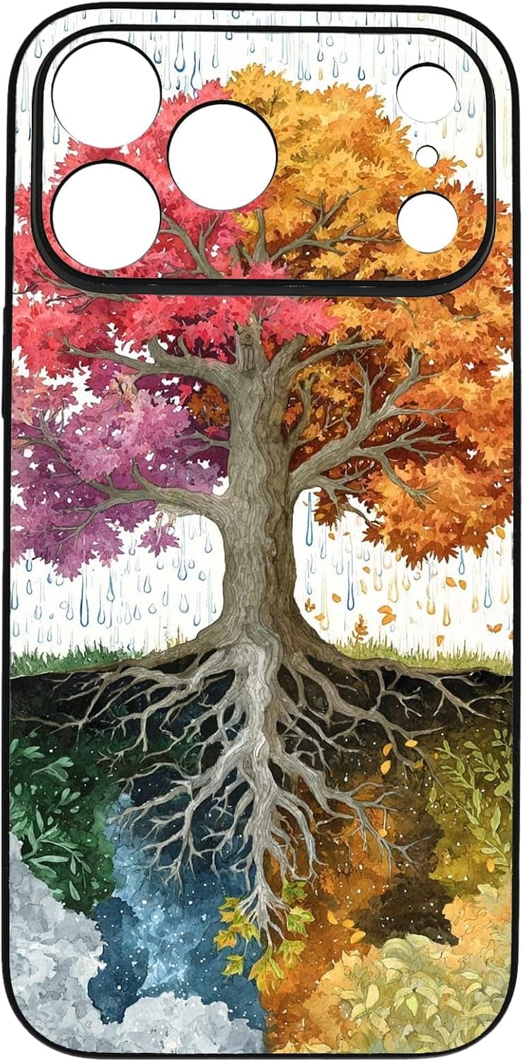 Four Seasons Tree of Life Watercolor Nature Phone Case, Shockproof Protective Cover for iPhone 11 12 13 14 15 16 17 Pro Max Plus Mini XR 7 8 SE