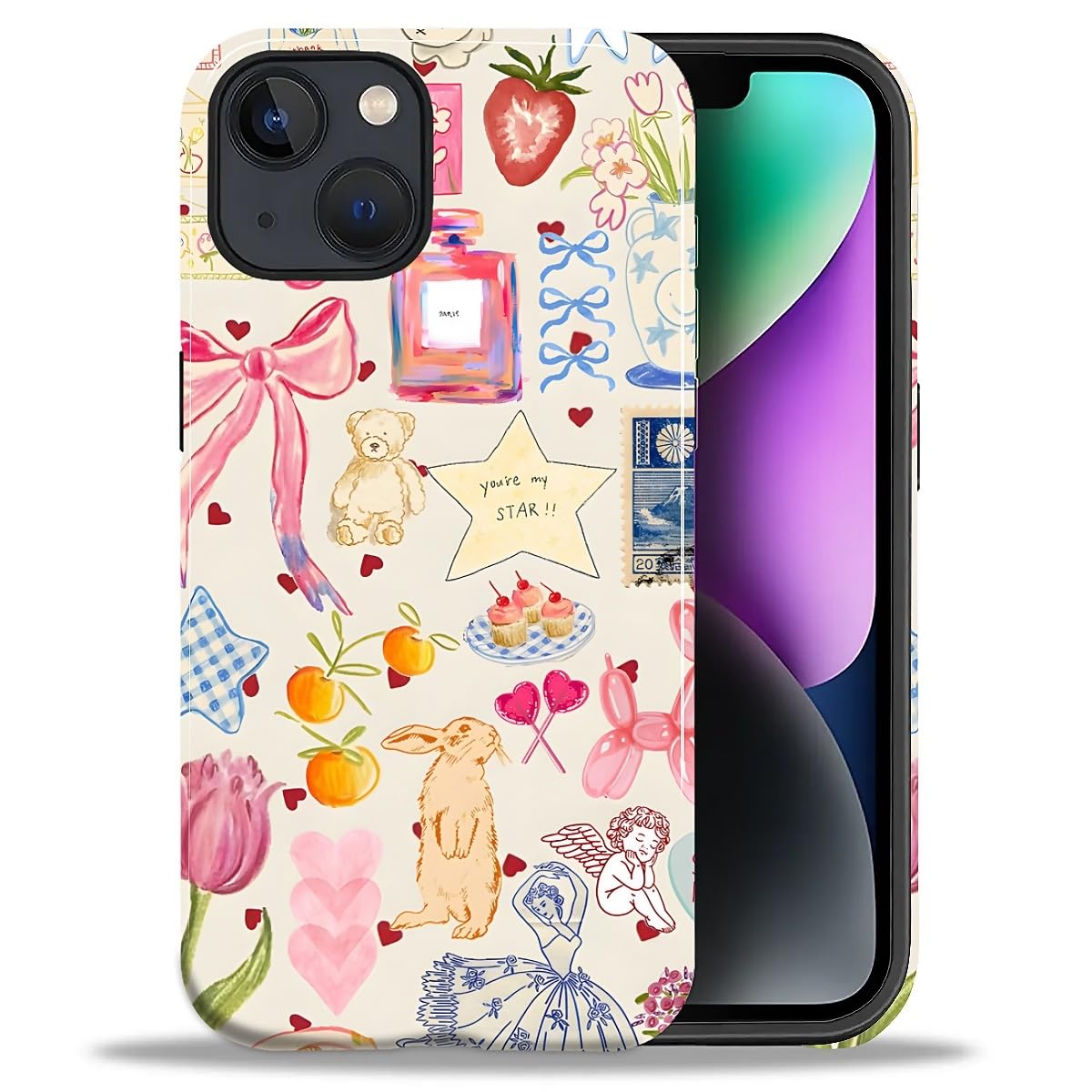 for iPhone 15 Case,Hybrid 2-Layer Hard Shell + Silicone Protective Case -Resistant Shockproof- A Naughty Cat with Blue Stripes Eating Fish