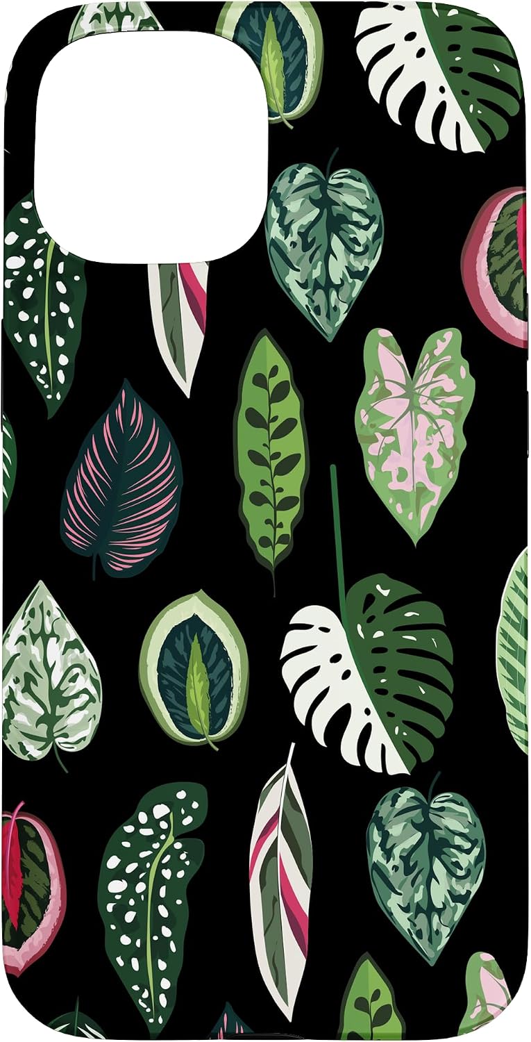 Calathea Varigatea Monstera Plant Leaf Black Case for iPhone 15 Pro Max