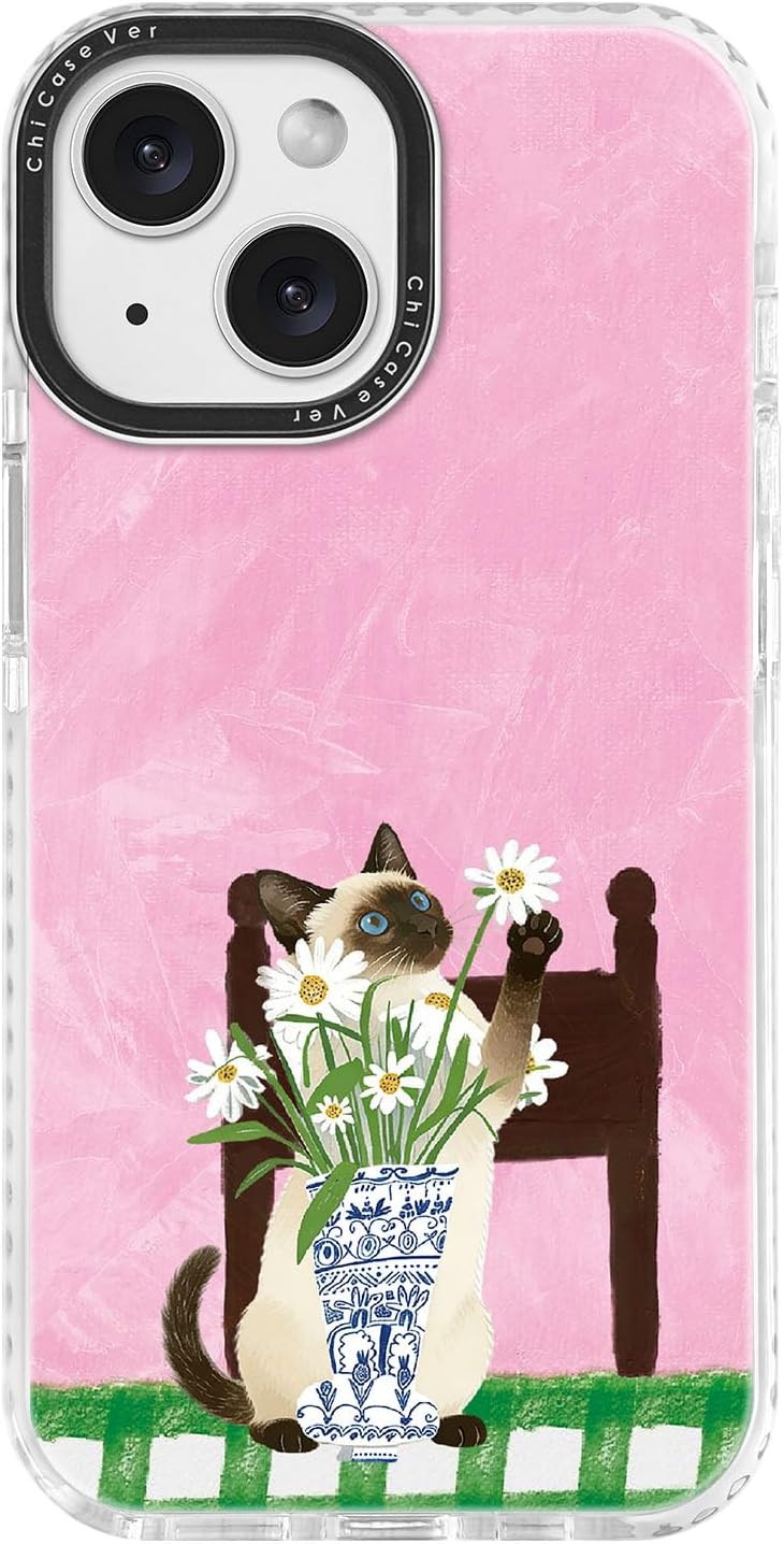 for iPhone 13 & iPhone 14 Case, Watercolor Siamese Cat Daisy Pattern with Blue Eyes, Military-Grade Drop Protection, Cute Pet Soft TPU Protective Cover with Camera Control for Girls Teens
