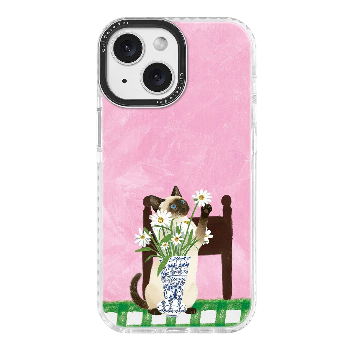 for iPhone 13 & iPhone 14 Case, Watercolor Siamese Cat Daisy Pattern with Blue Eyes, Military-Grade Drop Protection, Cute Pet Soft TPU Protective Cover with Camera Control for Girls Teens