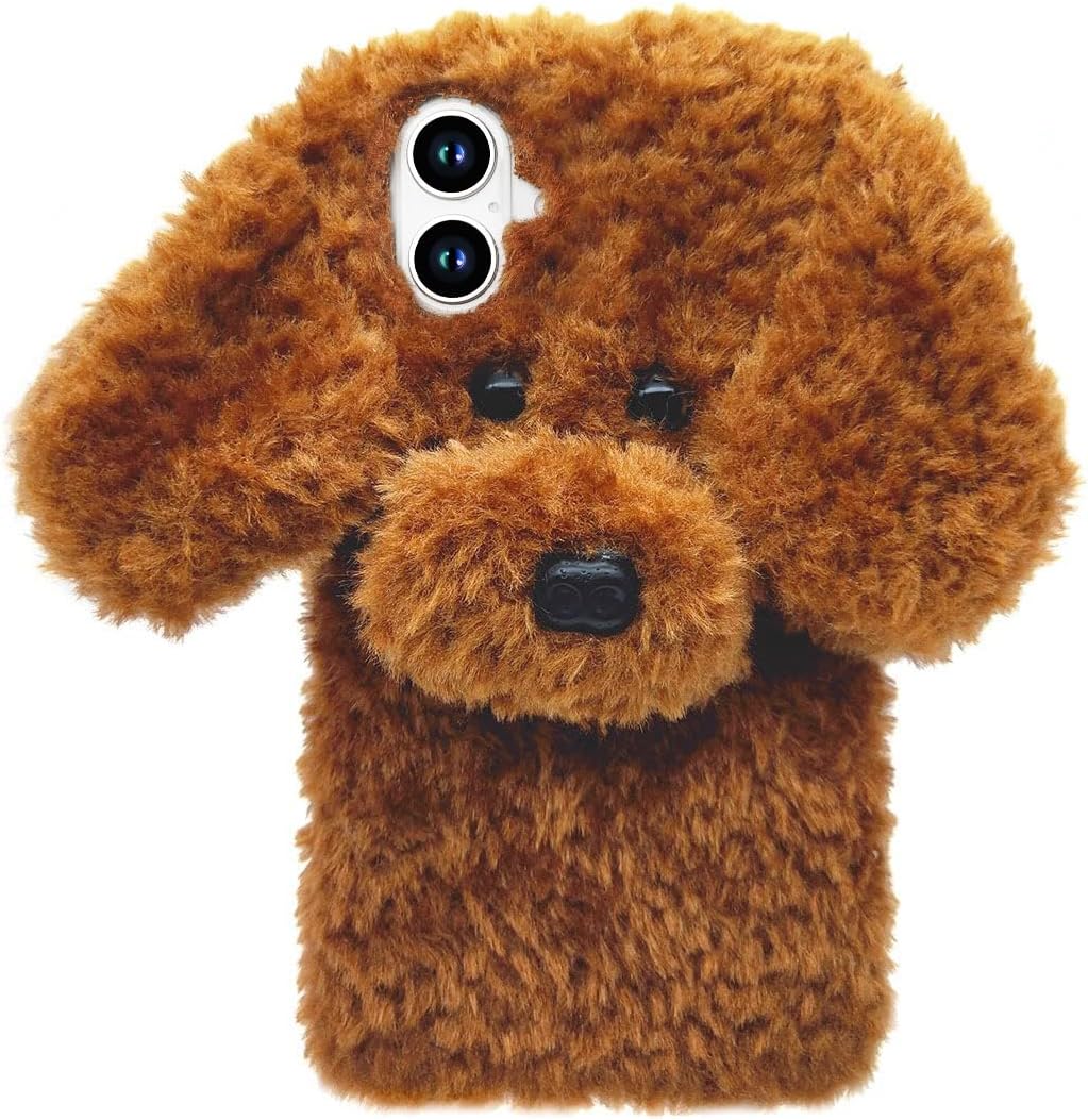 Losin Compatible with iPhone 16 Case Cute Plush Furry Dog Phone Case for Women Girls Girly 3D Cartoon Kawaii Case Soft TPU Shockproof Protective Cover for iPhone 16, Brown
