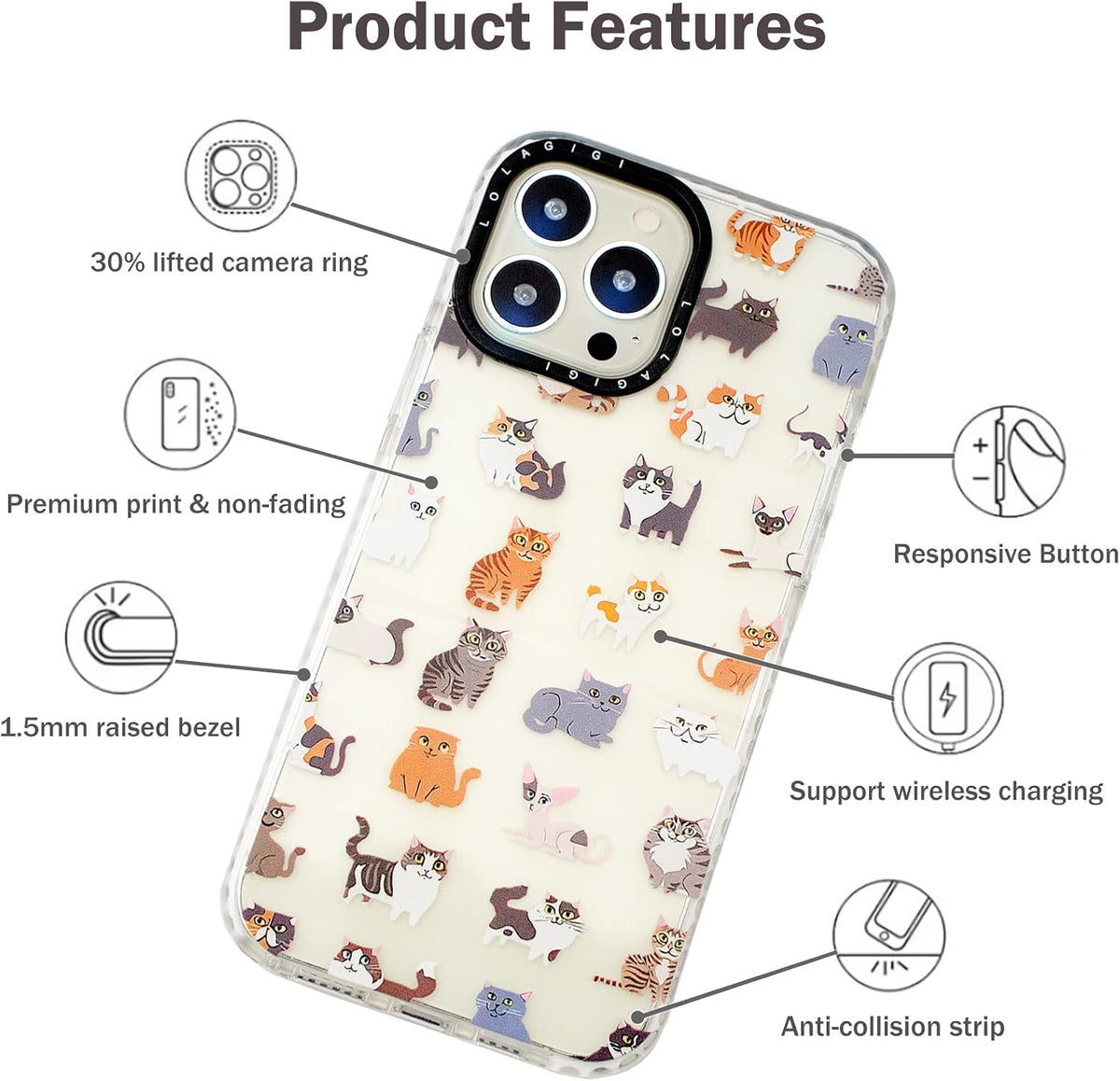 for iPhone 15 Pro Case for Women, Cute Pet Cat Cartoon Art Animal Print Girly Design Kawaii Aesthetic Cartoon Pattern for Girls Teens Soft TPU Phone Case (6.1")