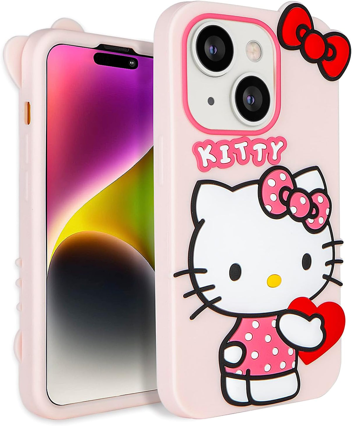 Compatible with iPhone 13/14 Case, Cute Funny Cartoon Kawaii Cat Phone Case 3D Character Soft Silicone Pink Cover Case for Kids Girls and Womens (6.1 inch)