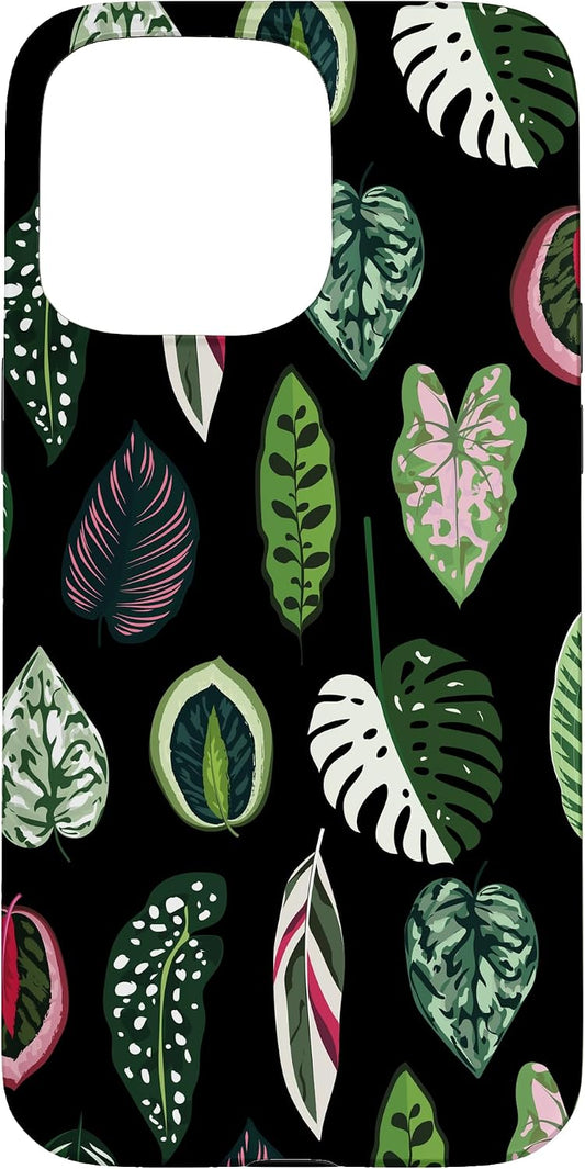 Calathea Varigatea Monstera Plant Leaf Black Case for iPhone 15 Pro Max