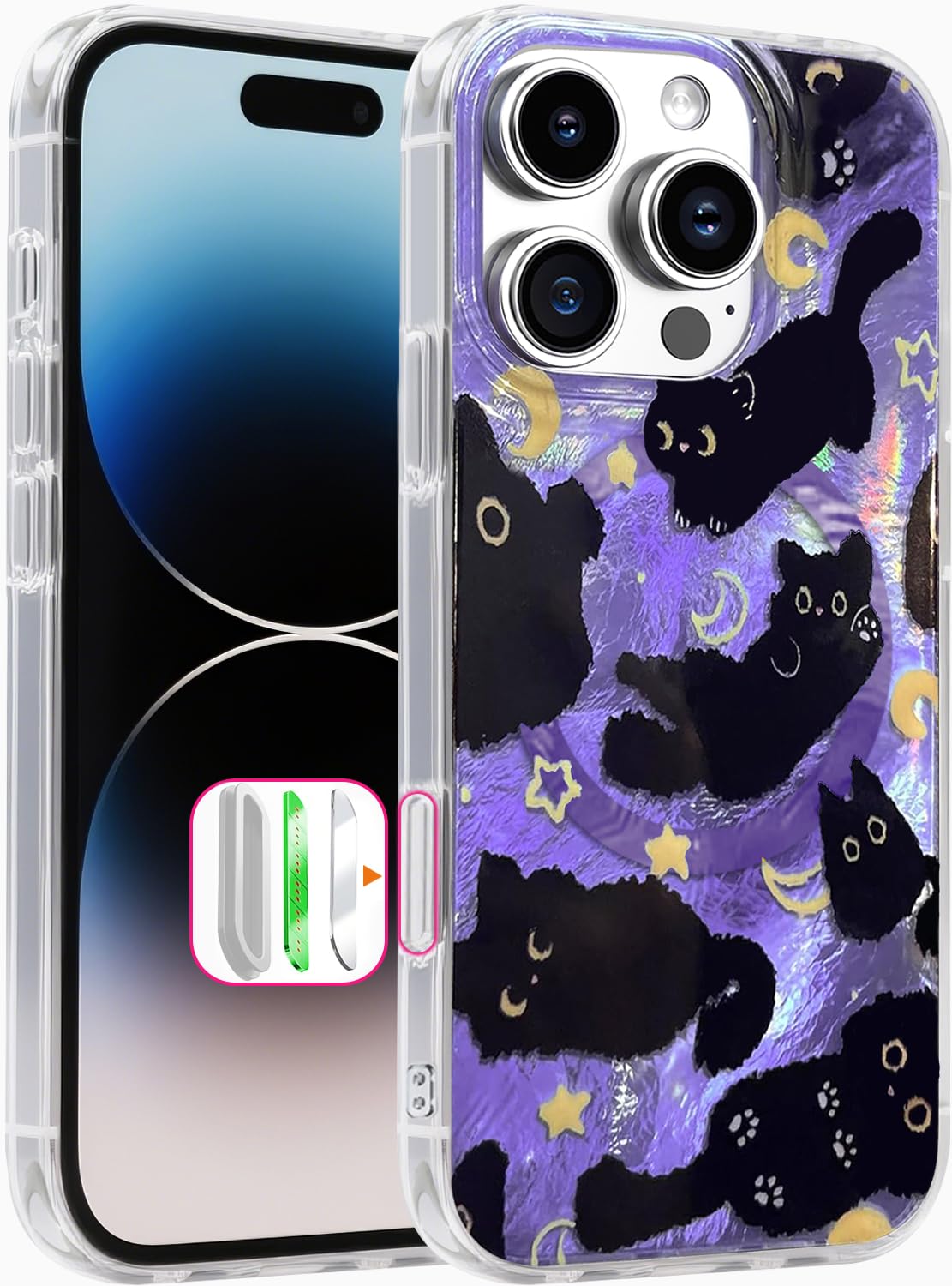 for iPhone 13 Case & iPhone 14 Case Shiny black cat-Purple Design,Cute trendy Soft Slim TPU Shockproof Protective Bumper adorable Phone Cases Cover for Women Girls Aesthetic,iphone 14/13 6.1"