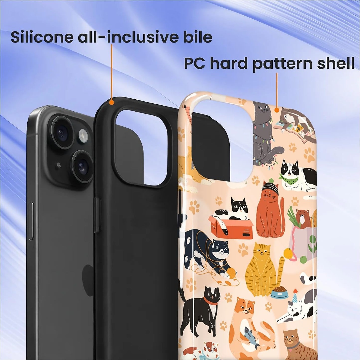 Case for iPhone 15, Shockproof Hybrid Protective Phone Case, Dual-Layer Drop Protection Anti-Scratch, Cozy Cats