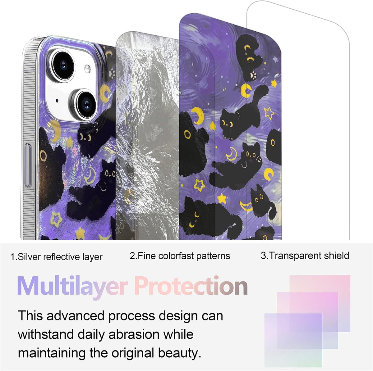 for iPhone 13 Case & iPhone 14 Case Shiny black cat-Purple Design,Cute trendy Soft Slim TPU Shockproof Protective Bumper adorable Phone Cases Cover for Women Girls Aesthetic,iphone 14/13 6.1"