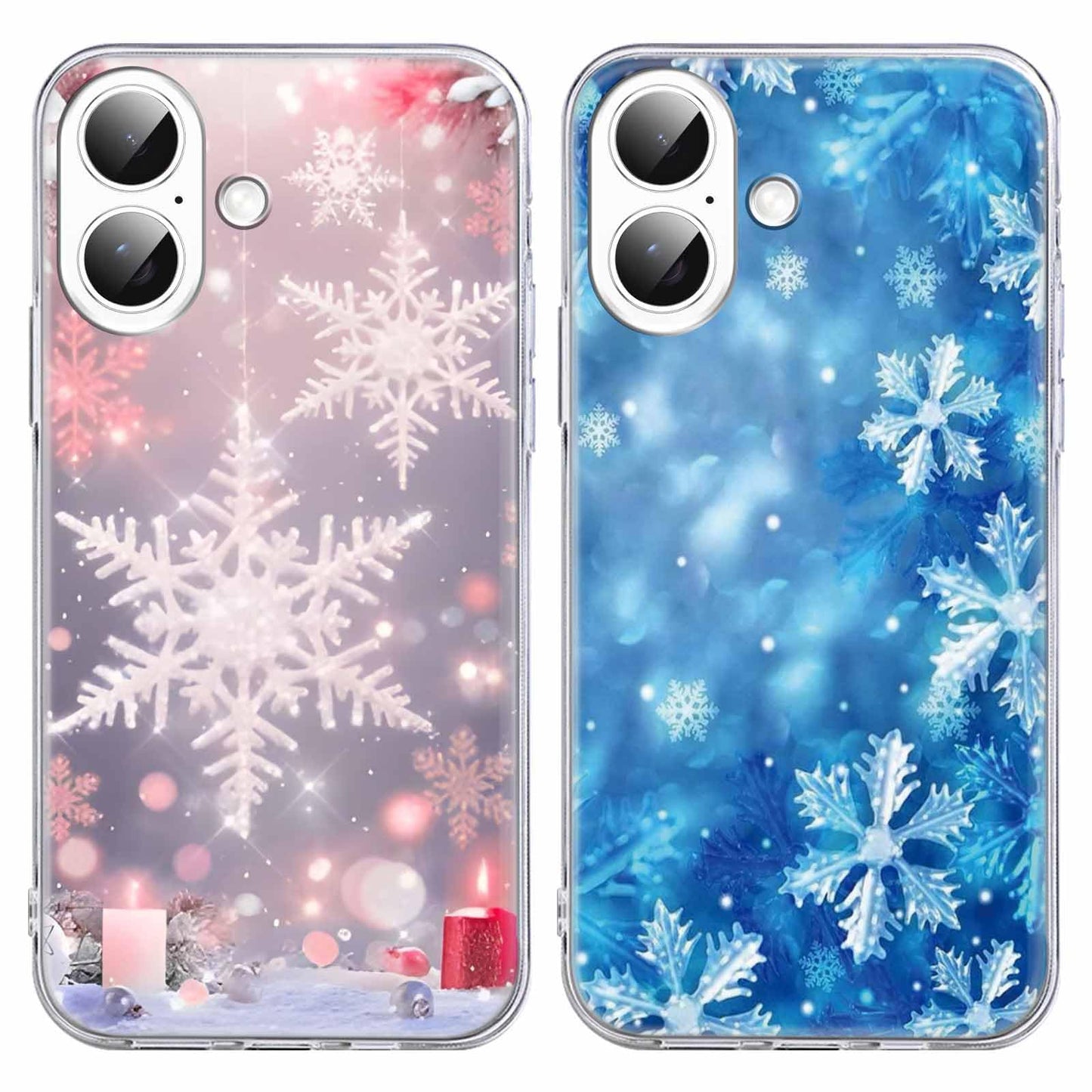 Christmas 2 Pack for iPhone 14/13 Phone Cases, Cute Case with Snowflake Printed Pink Blue Pattern Clear Soft Aesthetic Design Funda Flexible Ultra-Thin Girly Protective Women Cover