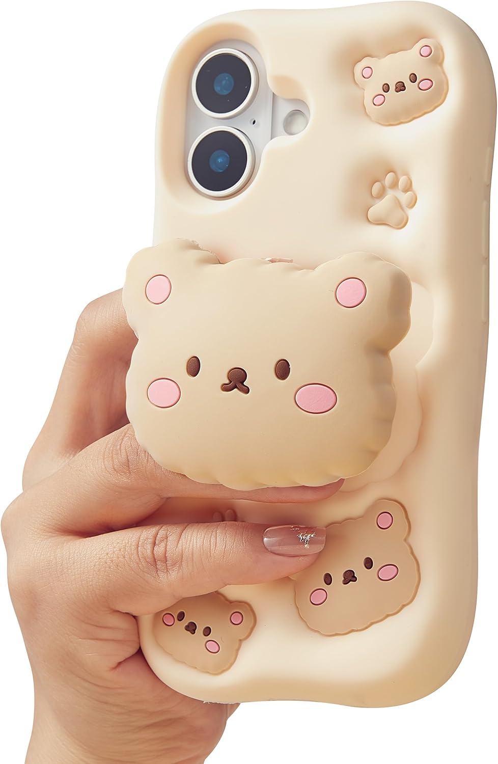 for iPhone 17 Case, Kawaii Teddy Bear Pop-Up Grip for Girls | Makes Mirror Selfies Sweeter, Cute Girly 3D Animal Style with Stand, Soft Silicone Drop Protection