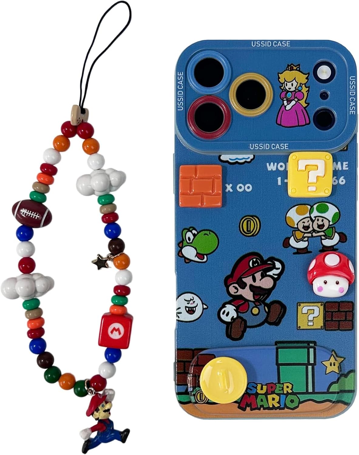 Mario Phone Case for iPhone 17 Pro Max with Mario Beaded Strap & Flip Mirror Kickstand, Cute Cartoon Shockproof Protective Cover with Peach Princess & Mushroom 3D Design (17pm)