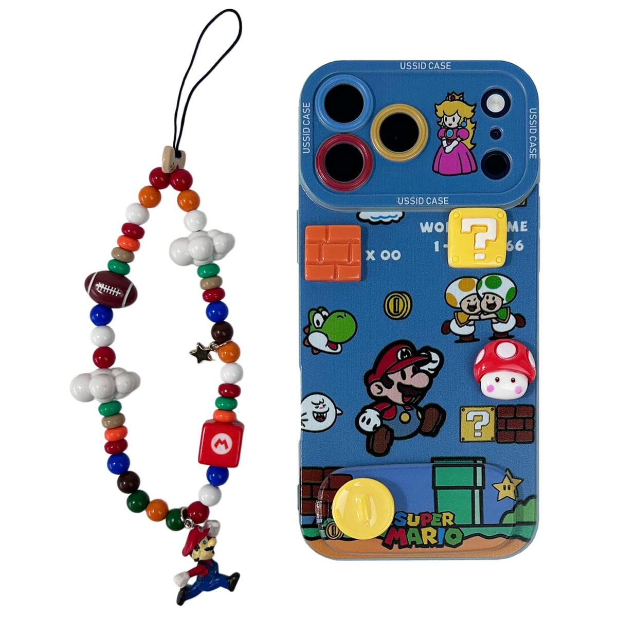 Mario Phone Case for iPhone 17 Pro Max with Mario Beaded Strap & Flip Mirror Kickstand, Cute Cartoon Shockproof Protective Cover with Peach Princess & Mushroom 3D Design (17pm)