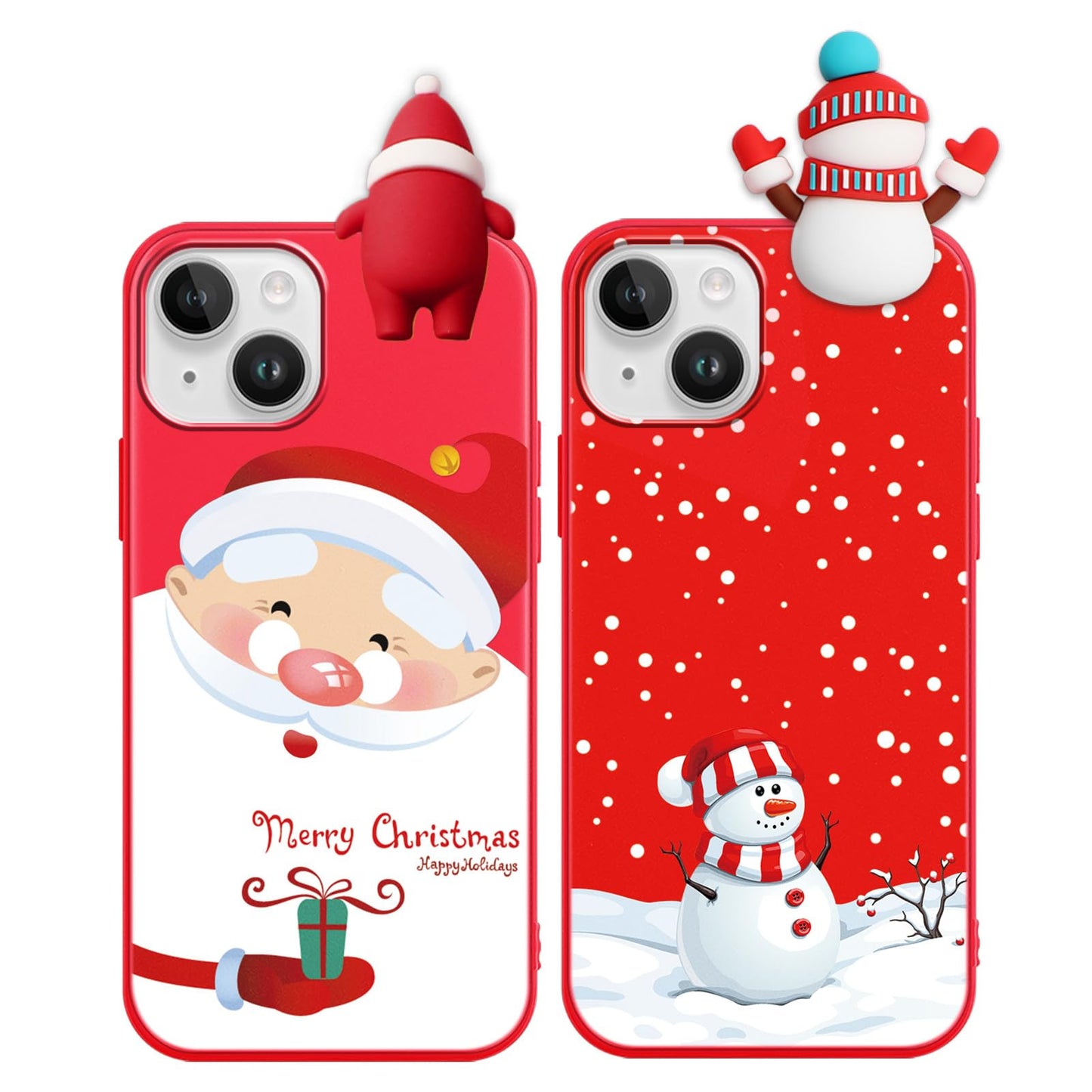 2 Pack Cute Christmas Case for iPhone 13/14",Red 3D Doll Snowman Elk Merry Christmas Pattern Soft Silicone TPU Pretty Flexible Protective Funda for Kid Girls Women