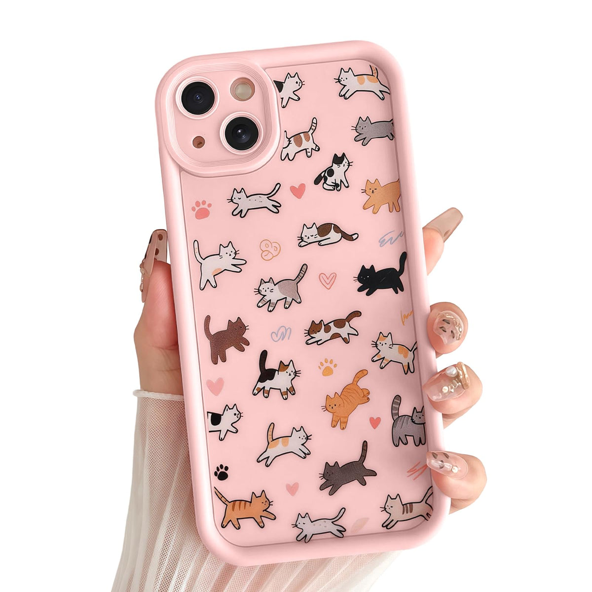 for iPhone 13 Phone Case, Cute 3D Cat Ears and Vintage Hand-Drawn Multi-Cats Heart Cartoon Pattern, with Cat Paw Buttons, Trendy Shockproof Soft Protective Phone Cover, Cat Ears