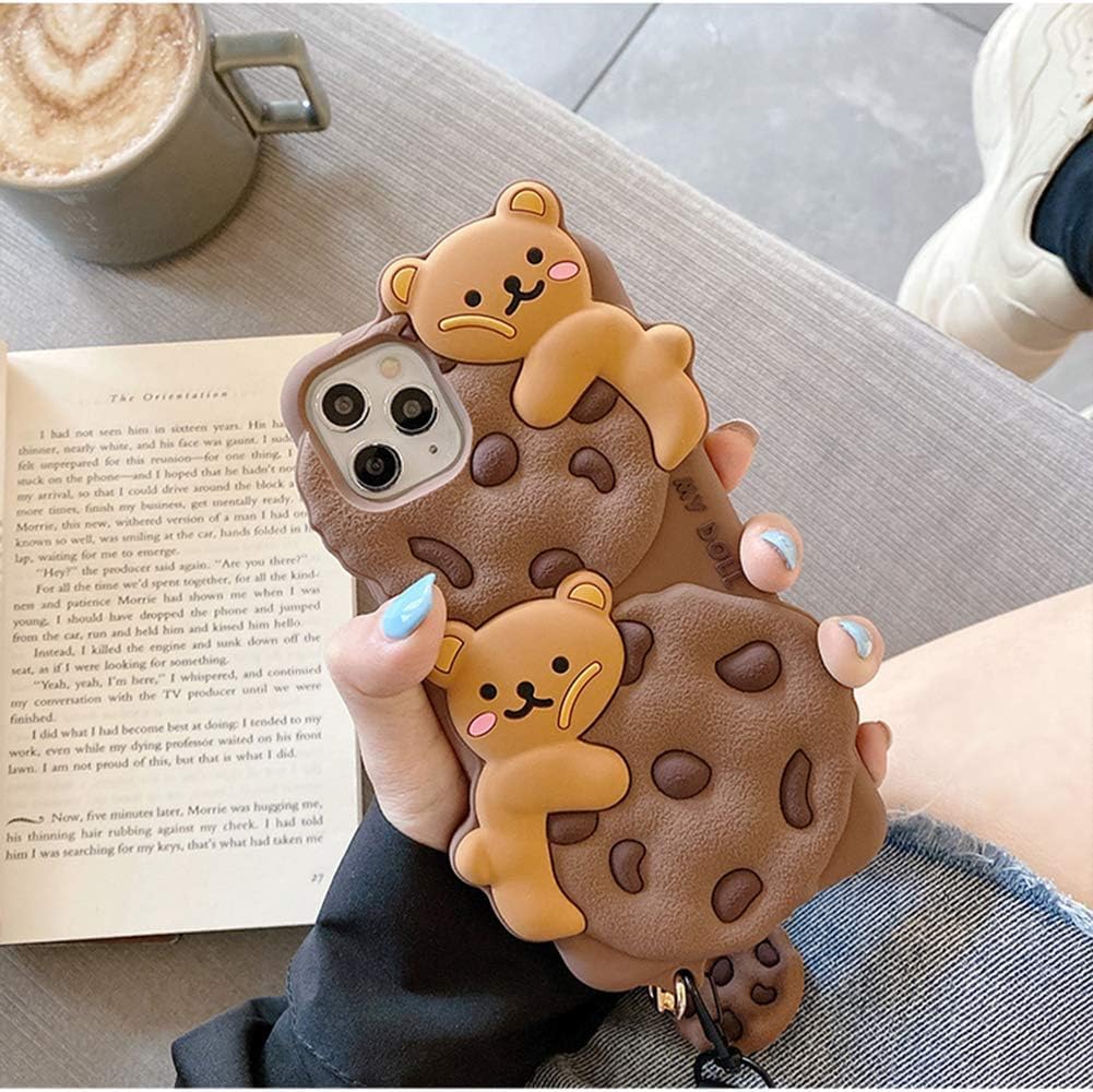 Case for iPhone 13 with Strap Lanyard Keychain Cute Bear Cookie Kawaii Funny Soft Silicone Shockproof Protective Cover for Women Girls