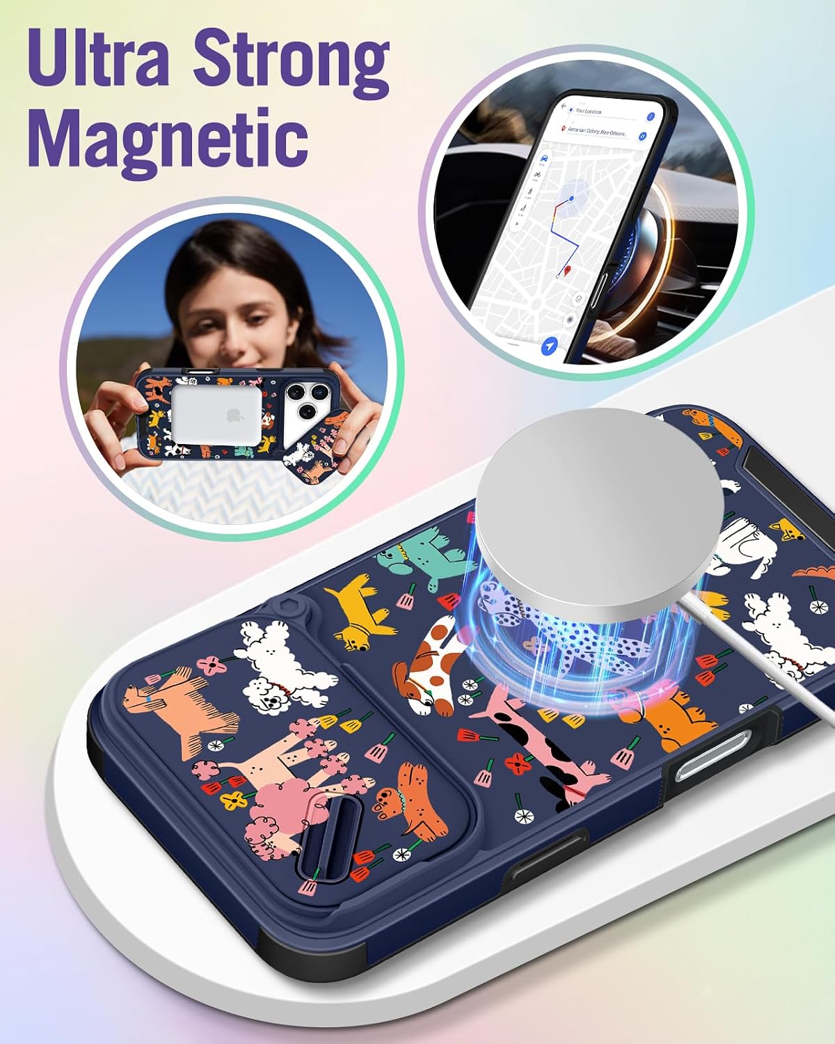 Buleens for iPhone 17 Pro Max Case 6.9 Inch - with Ring Stand & Camera Cover Aesthetic Cute Designed for Women Girls Girly Cartoon Kawaii Dogs Phone Case for iPhone 17 Pro Max Compatible with Magsafe