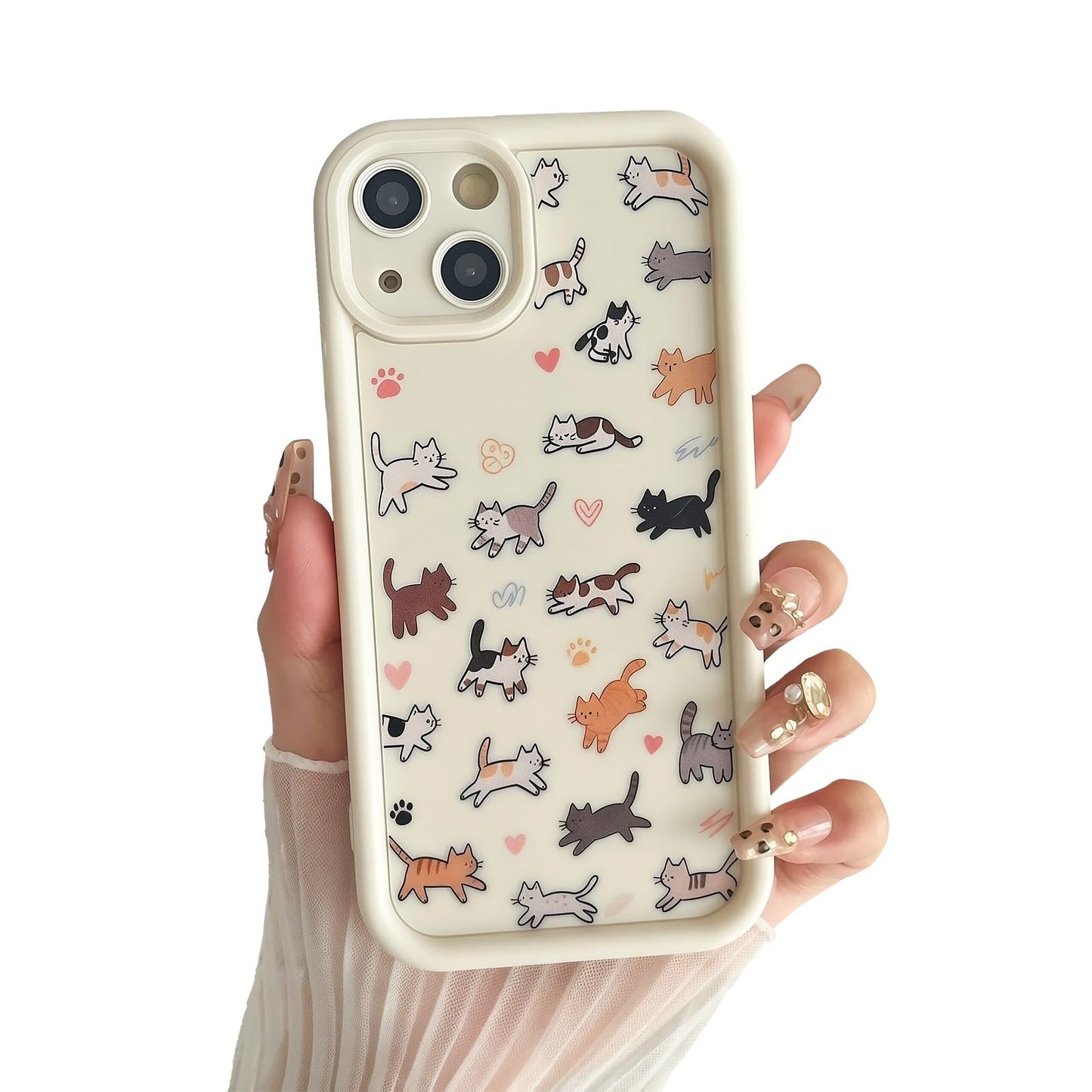 for iPhone 13 Phone Case, Cute 3D Cat Ears and Vintage Hand-Drawn Multi-Cats Heart Cartoon Pattern, with Cat Paw Buttons, Trendy Shockproof Soft Protective Phone Cover, Cat Ears