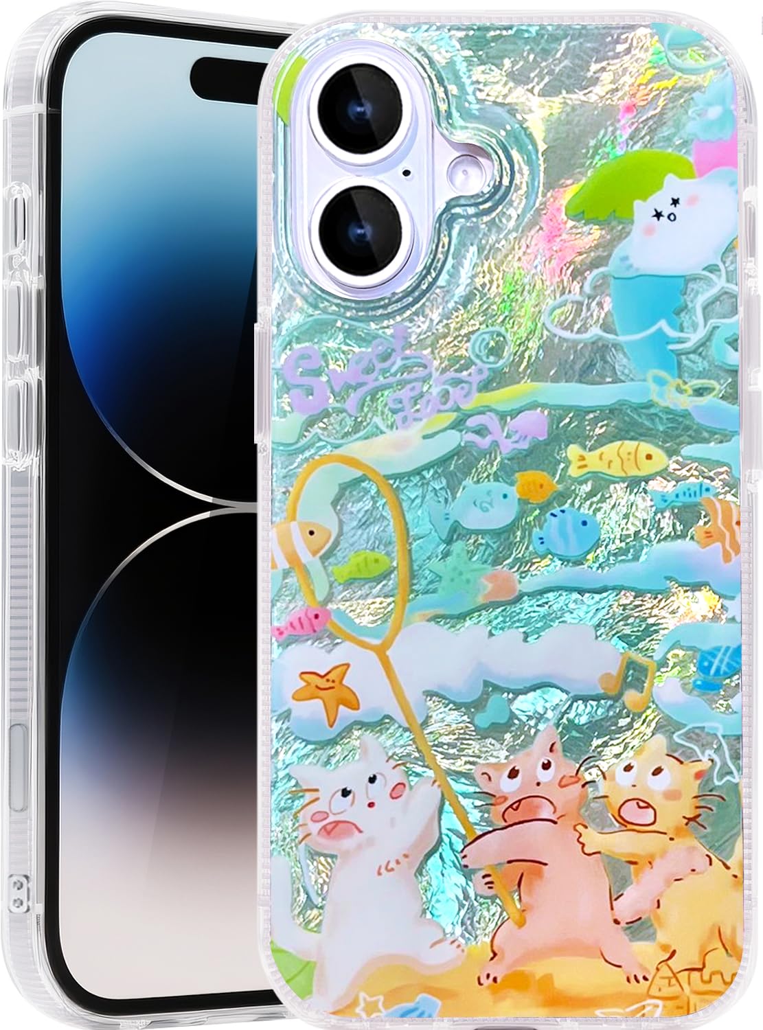 Compatible with iPhone 17 Case,with [Soft Slim][Camera Protection] Cute Fishing Cats Shiny Aesthetic Phone Cover Anti-Yellowing Shockproof Protective Cover for Women Girl