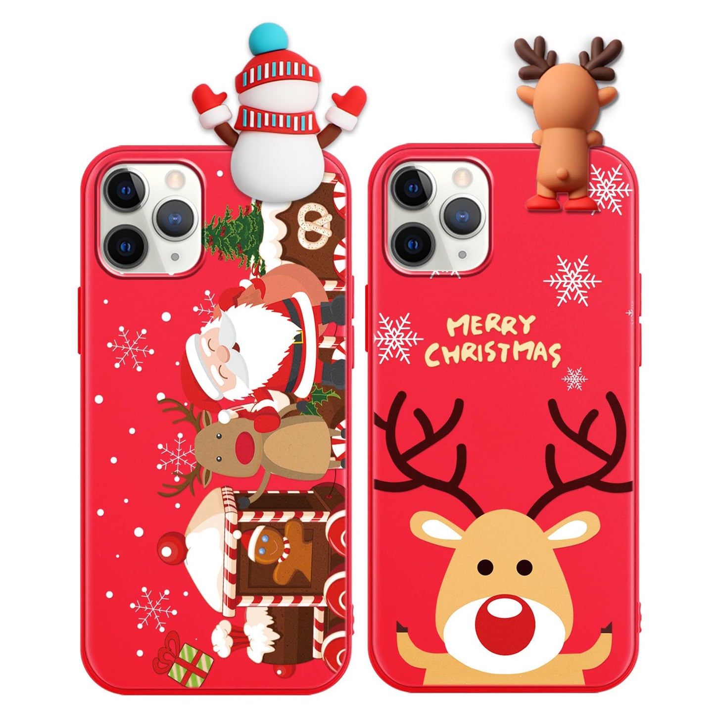 2 Pack Cute Christmas Case for iPhone 13/14",Red 3D Doll Snowman Elk Merry Christmas Pattern Soft Silicone TPU Pretty Flexible Protective Funda for Kid Girls Women