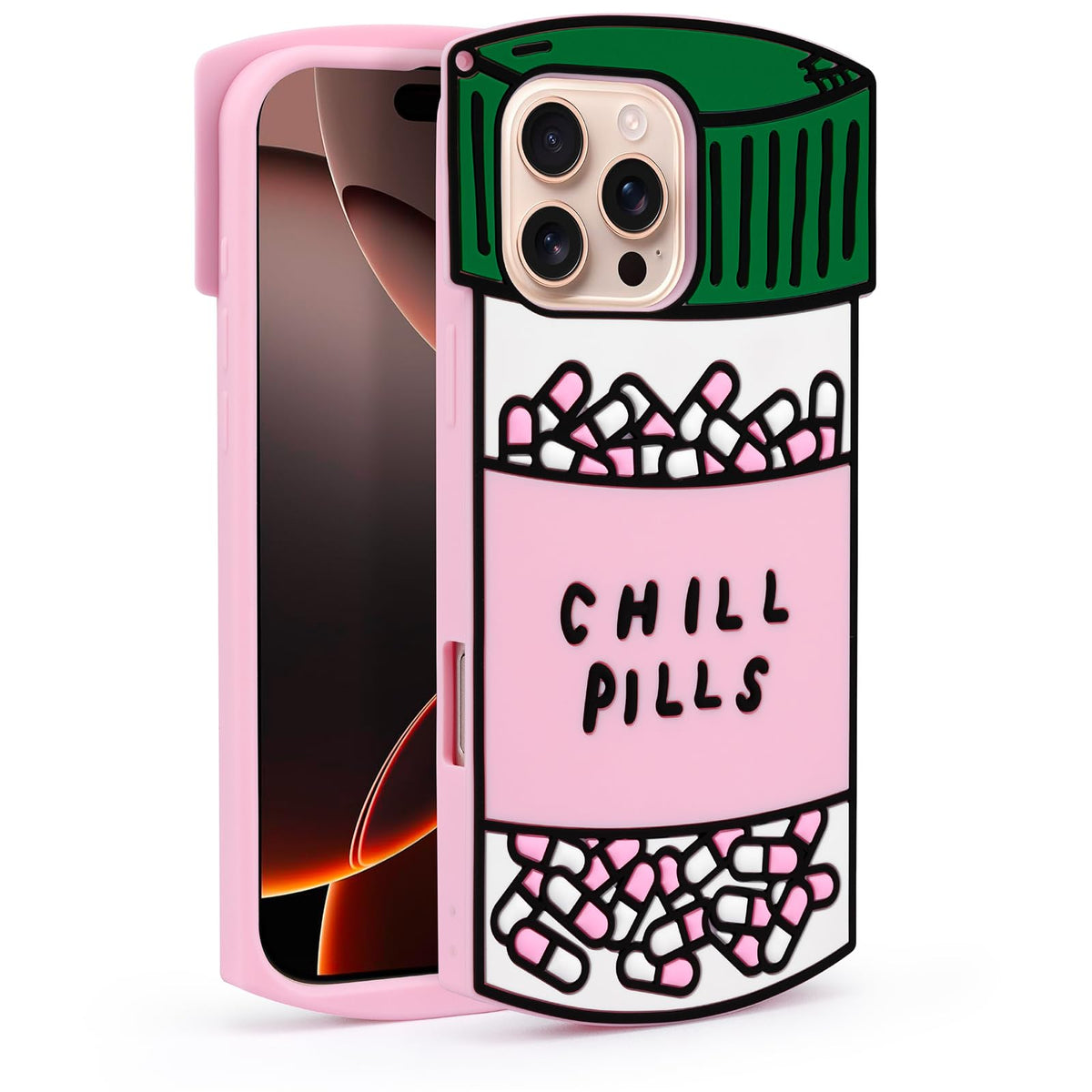 Dumkery Cute Case Compatible with iPhone 16 Pro Max Chill Pills Case, Girly Capsule Bottle Shape, 3D Soft Silicone Heavy Duty Protection Shockproof Cases Cover for Girls Women Multicolor