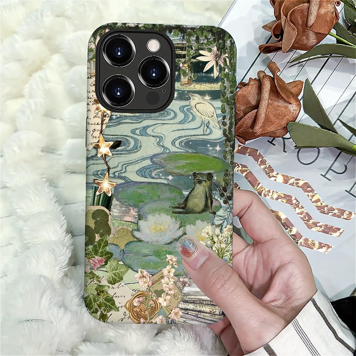 Case for iPhone 16 Pro Max,Aesthetic Frog Pond Splice Exquisitely Pattern Double Protective Phone Cover Cases Soft Silicone for iPhone 16 Pro Max