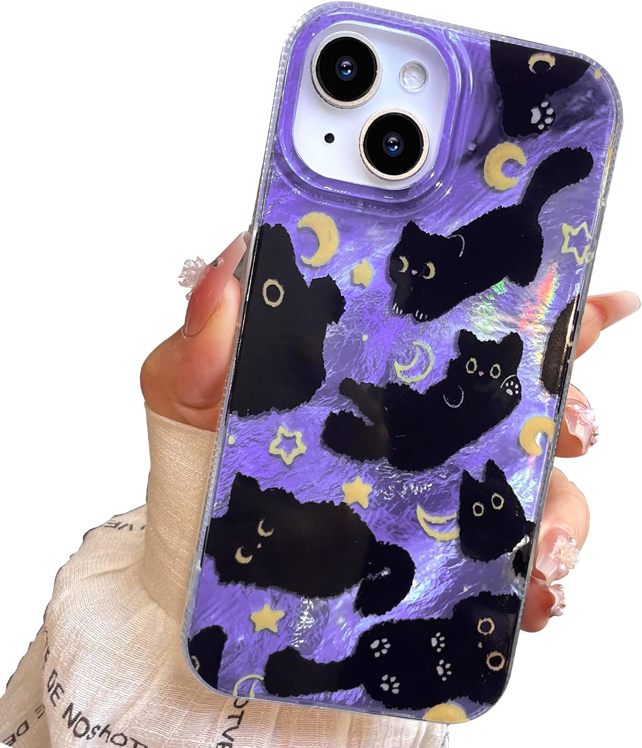 for iPhone 13 Case & iPhone 14 Case Shiny black cat-Purple Design,Cute trendy Soft Slim TPU Shockproof Protective Bumper adorable Phone Cases Cover for Women Girls Aesthetic,iphone 14/13 6.1"