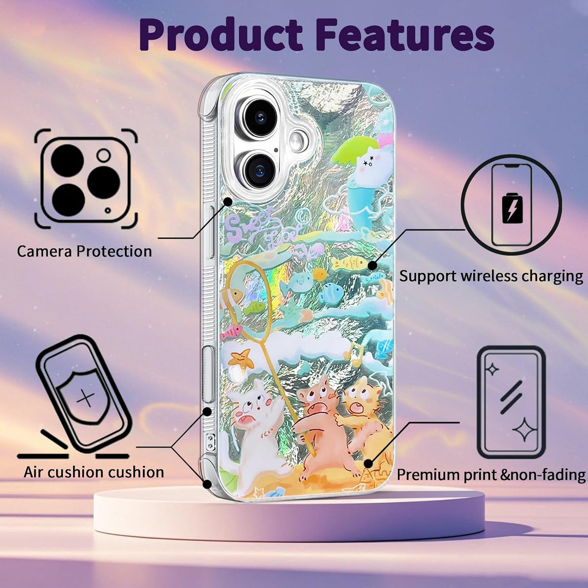Compatible with iPhone 17 Case,with [Soft Slim][Camera Protection] Cute Fishing Cats Shiny Aesthetic Phone Cover Anti-Yellowing Shockproof Protective Cover for Women Girl