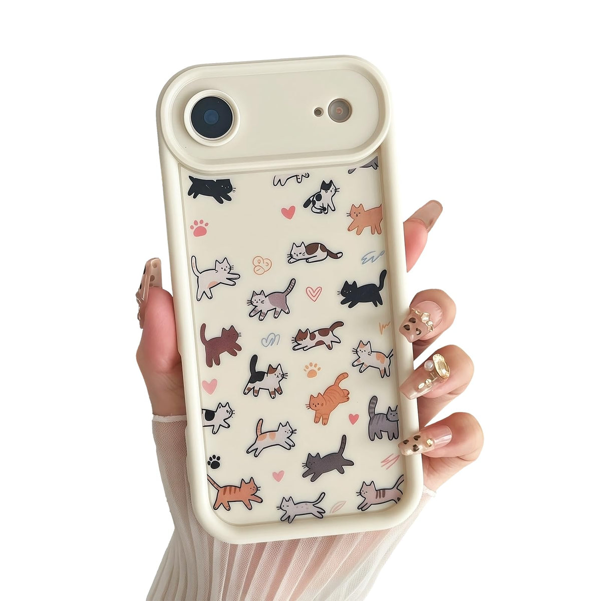 for iPhone 13 Phone Case, Cute 3D Cat Ears and Vintage Hand-Drawn Multi-Cats Heart Cartoon Pattern, with Cat Paw Buttons, Trendy Shockproof Soft Protective Phone Cover, Cat Ears