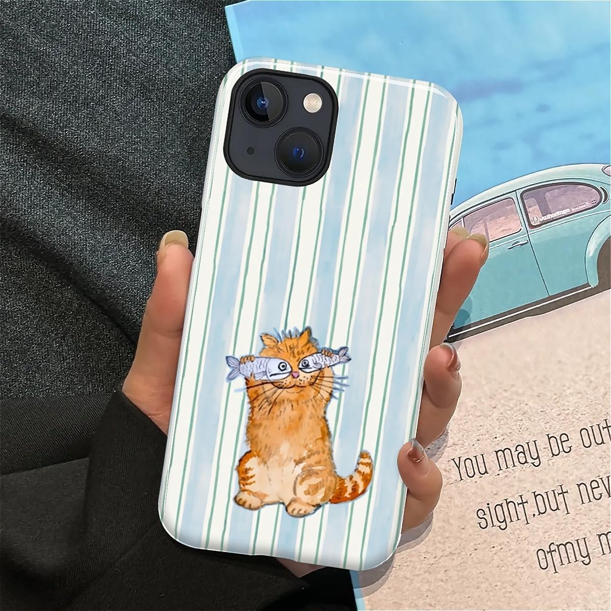 for iPhone 15 Case,Hybrid 2-Layer Hard Shell + Silicone Protective Case -Resistant Shockproof- A Naughty Cat with Blue Stripes Eating Fish