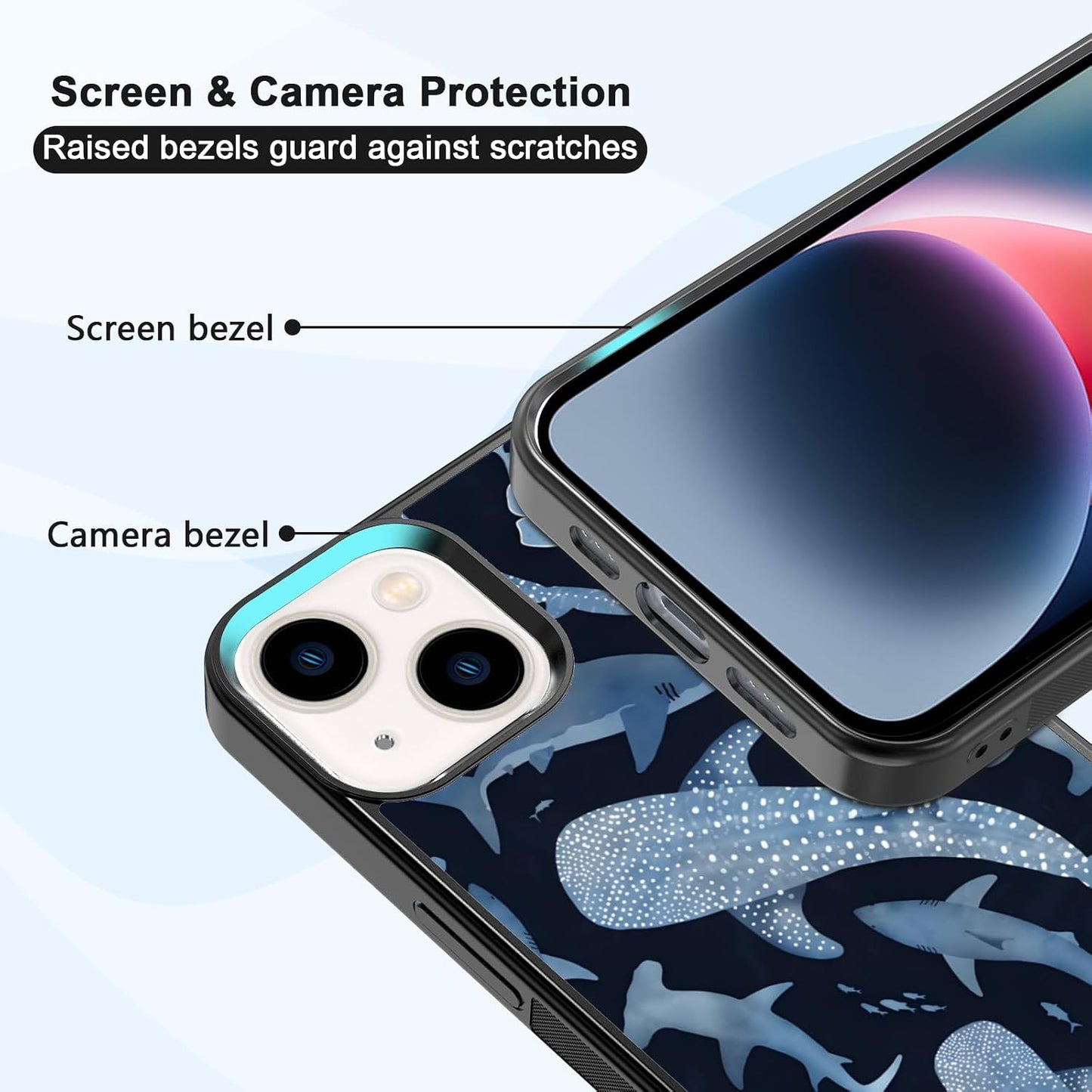 Cute Blue Shark Aesthetic Phone Case for iPhone 14 & 13 Case for Women Teen Girls Kids Girls -6.1Inch