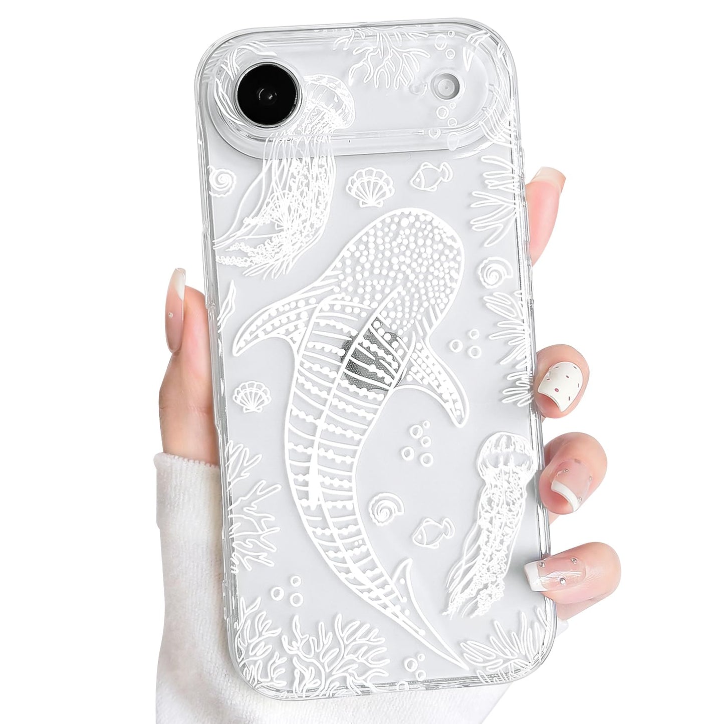 NITITOP Compatible with iPhone 16 Case Clear Sea - White Fish | Cute, Shell whale ocean animal, For women men girls boys, Slim, Soft TPU, Shockproof