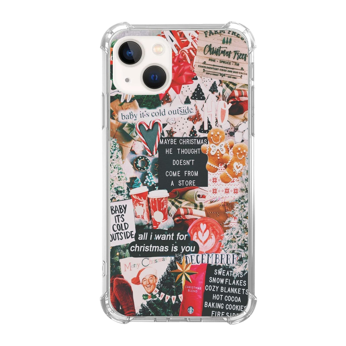Winter Christmas Holiday Collage Case for iPhone 15, Retro Aesthetic Christmas Gingerbread and Tree Pattern Case for Girls Women Men, Unique Trendy TPU Bumper Cover Case for iPhone 15