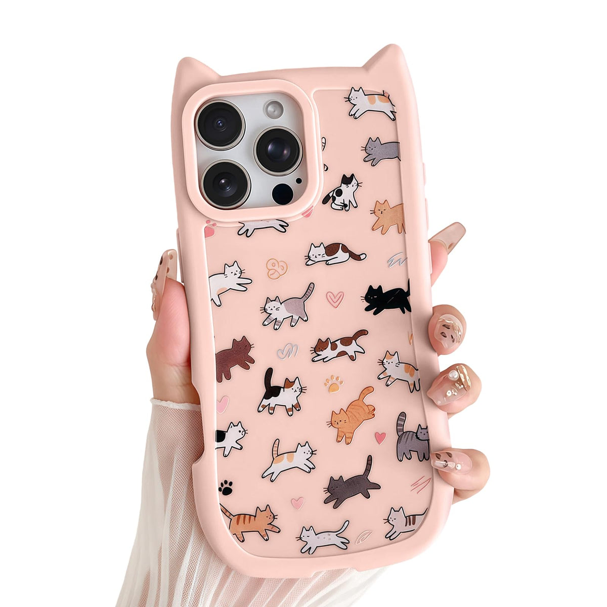 for iPhone 13 Phone Case, Cute 3D Cat Ears and Vintage Hand-Drawn Multi-Cats Heart Cartoon Pattern, with Cat Paw Buttons, Trendy Shockproof Soft Protective Phone Cover, Cat Ears