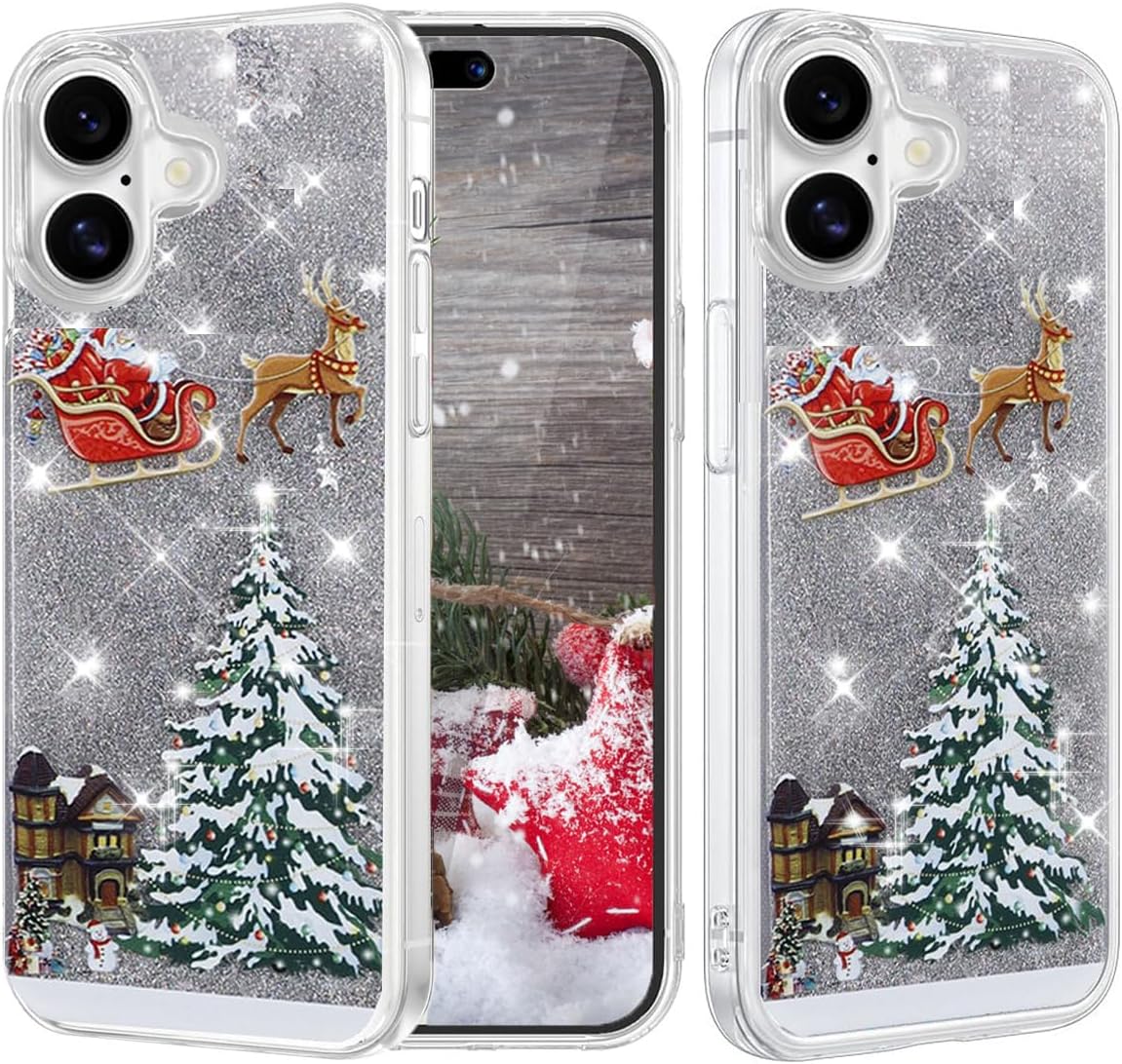 Changjia Glitter Christmas Case for iPhone 17, Cute Christmas Tree Santa Elk Liquid Flowing Floating Moving Bling Sparkle Clear Bumper Shockproof Women Girls Slim Phone Case for iPhone 17 6.3", Silver