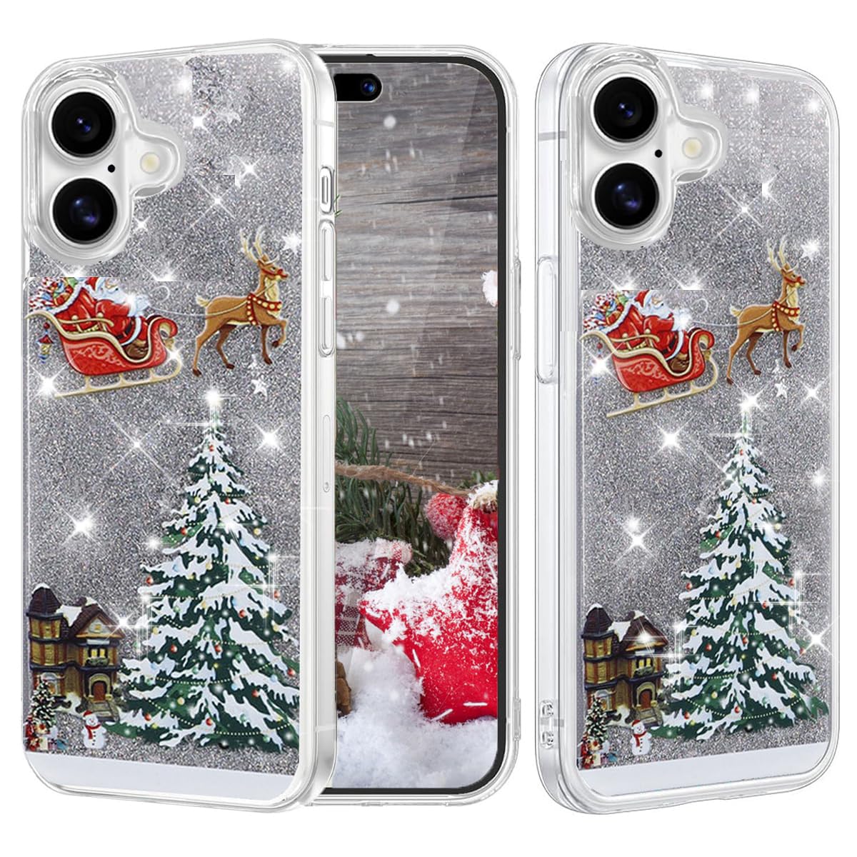 Changjia Glitter Christmas Case for iPhone 17, Cute Christmas Tree Santa Elk Liquid Flowing Floating Moving Bling Sparkle Clear Bumper Shockproof Women Girls Slim Phone Case for iPhone 17 6.3", Silver