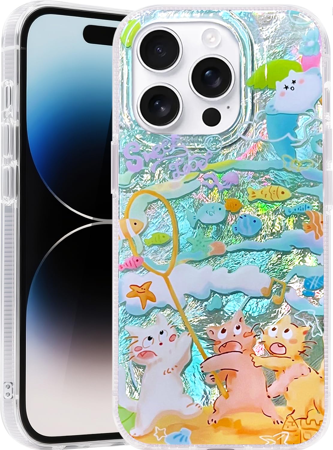 Compatible with iPhone 17 Pro Case,with [Soft Slim][Camera Protection] Cute Fishing Cats Shiny Aesthetic Phone Cover Anti-Yellowing Shockproof Protective Cover for Women Girl