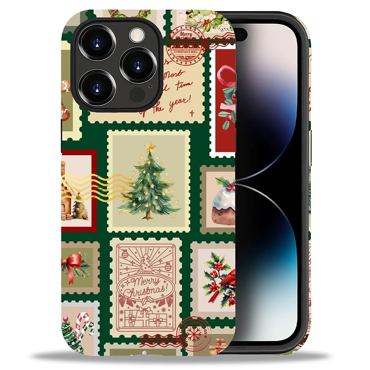 Case for iPhone 17,Drop Protection Hybrid 2-Layer Hard Phone Cover-Vintage Christmas Stamps Collage