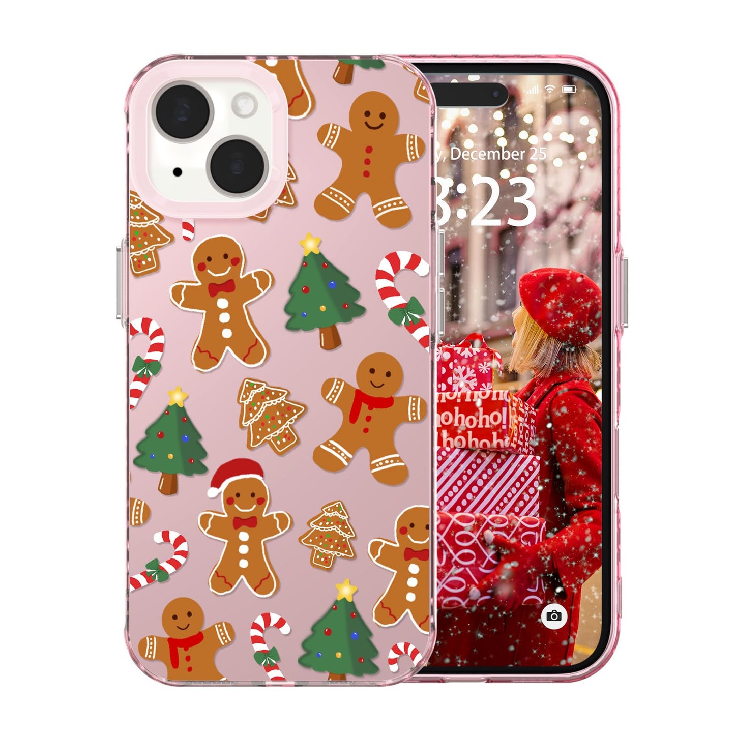 for iPhone 16 Plus Christmas Case Cute - Gingerbread Man/Pink | Gingerbread Man Tree Girly Women Girls Kids Snowflakes Candy Winter Holiday Festival Gifts Trendy Glossy Protective Cover