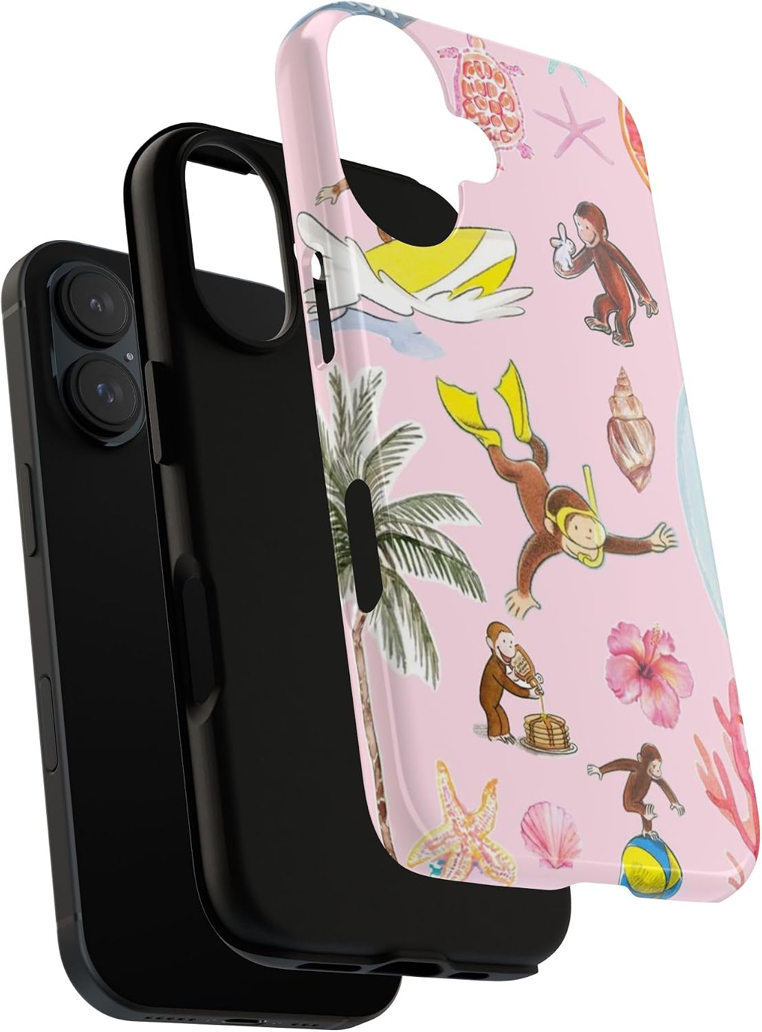Tropical Splash Curious Monkey George Phone Case Compatible with iPhone 16, Protective Hybrid 2-Layer Hard Shell, Cute Monkey Tough Case Gift for Women Men Girl Boy