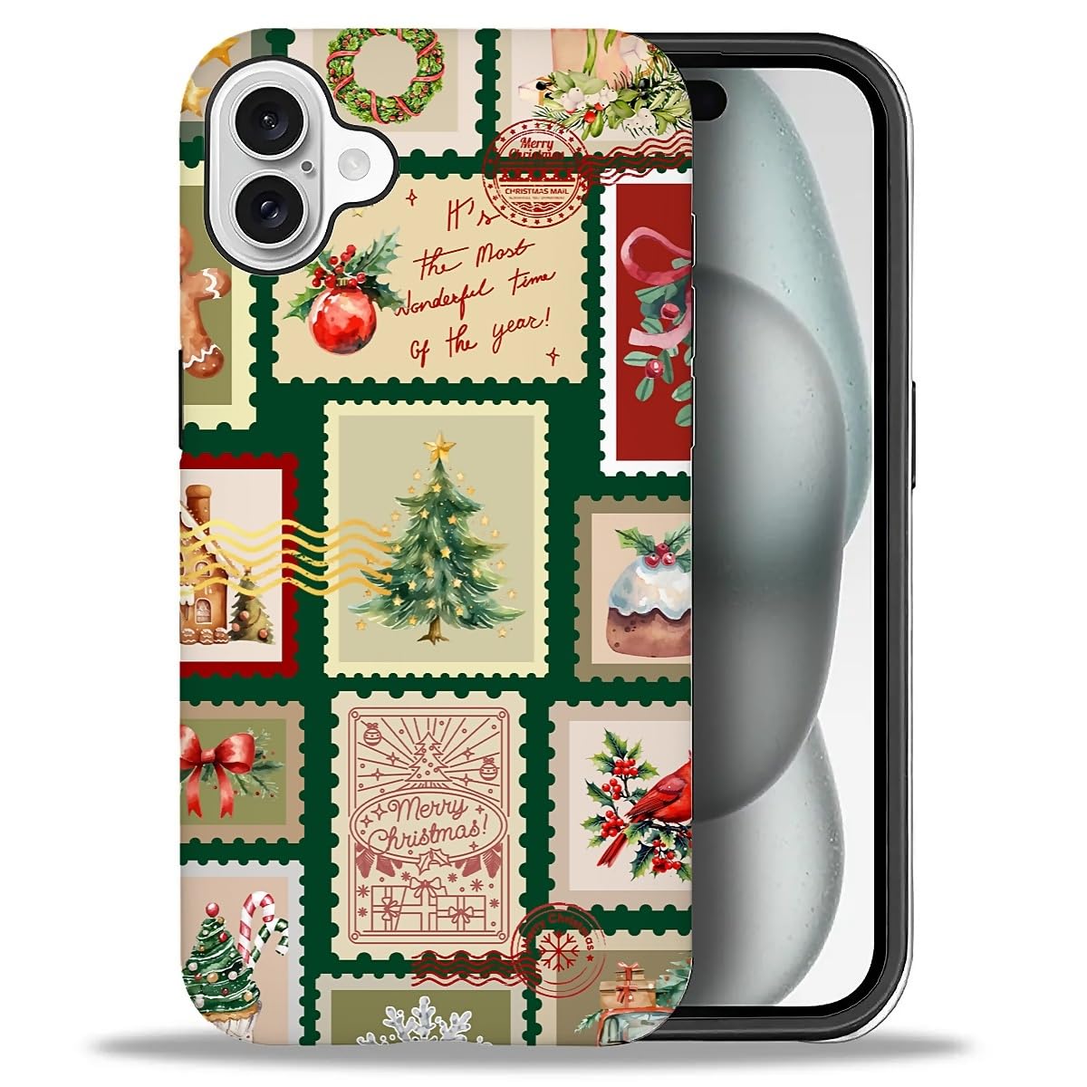 Case for iPhone 17,Drop Protection Hybrid 2-Layer Hard Phone Cover-Vintage Christmas Stamps Collage