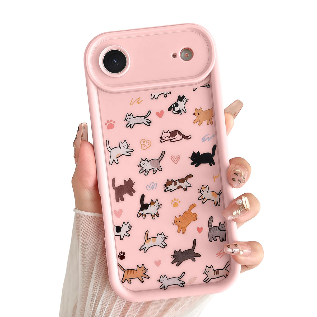 for iPhone 13 Phone Case, Cute 3D Cat Ears and Vintage Hand-Drawn Multi-Cats Heart Cartoon Pattern, with Cat Paw Buttons, Trendy Shockproof Soft Protective Phone Cover, Cat Ears