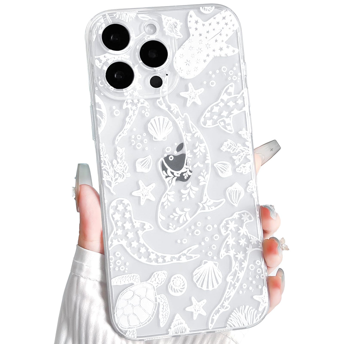 NITITOP Compatible with iPhone 16 Case Clear Sea - White Fish | Cute, Shell whale ocean animal, For women men girls boys, Slim, Soft TPU, Shockproof