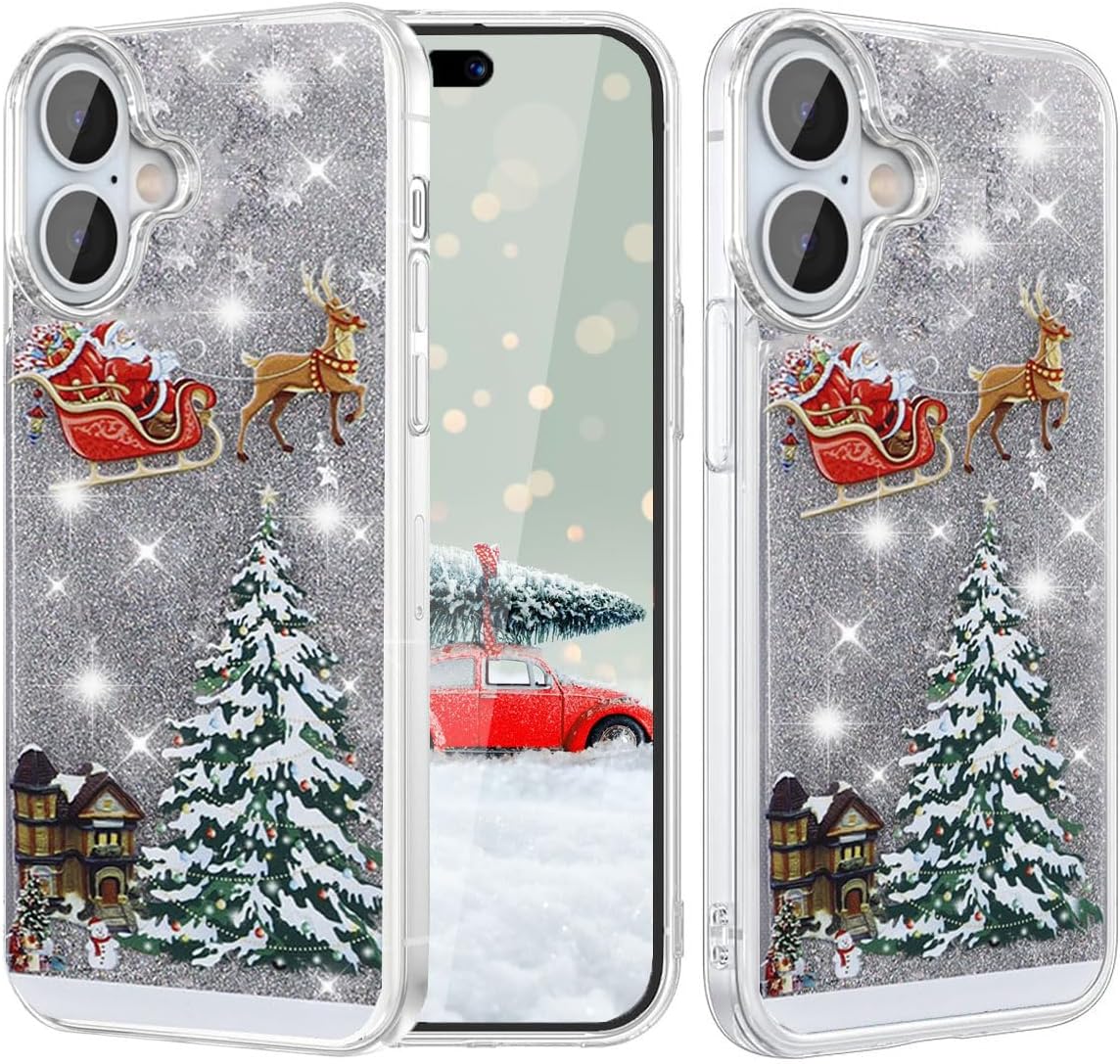 Glitter Christmas Case for iPhone 17 Glitter Case Christmas Tree Clear Floating Flowing Moving Bling Snowman Santa Elk Tree Women Cute Liquid Holiday Case for iPhone 17, Silver