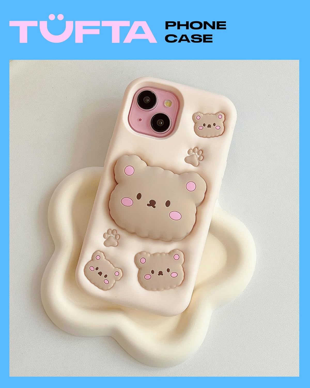 for iPhone 17 Case, Kawaii Teddy Bear Pop-Up Grip for Girls | Makes Mirror Selfies Sweeter, Cute Girly 3D Animal Style with Stand, Soft Silicone Drop Protection